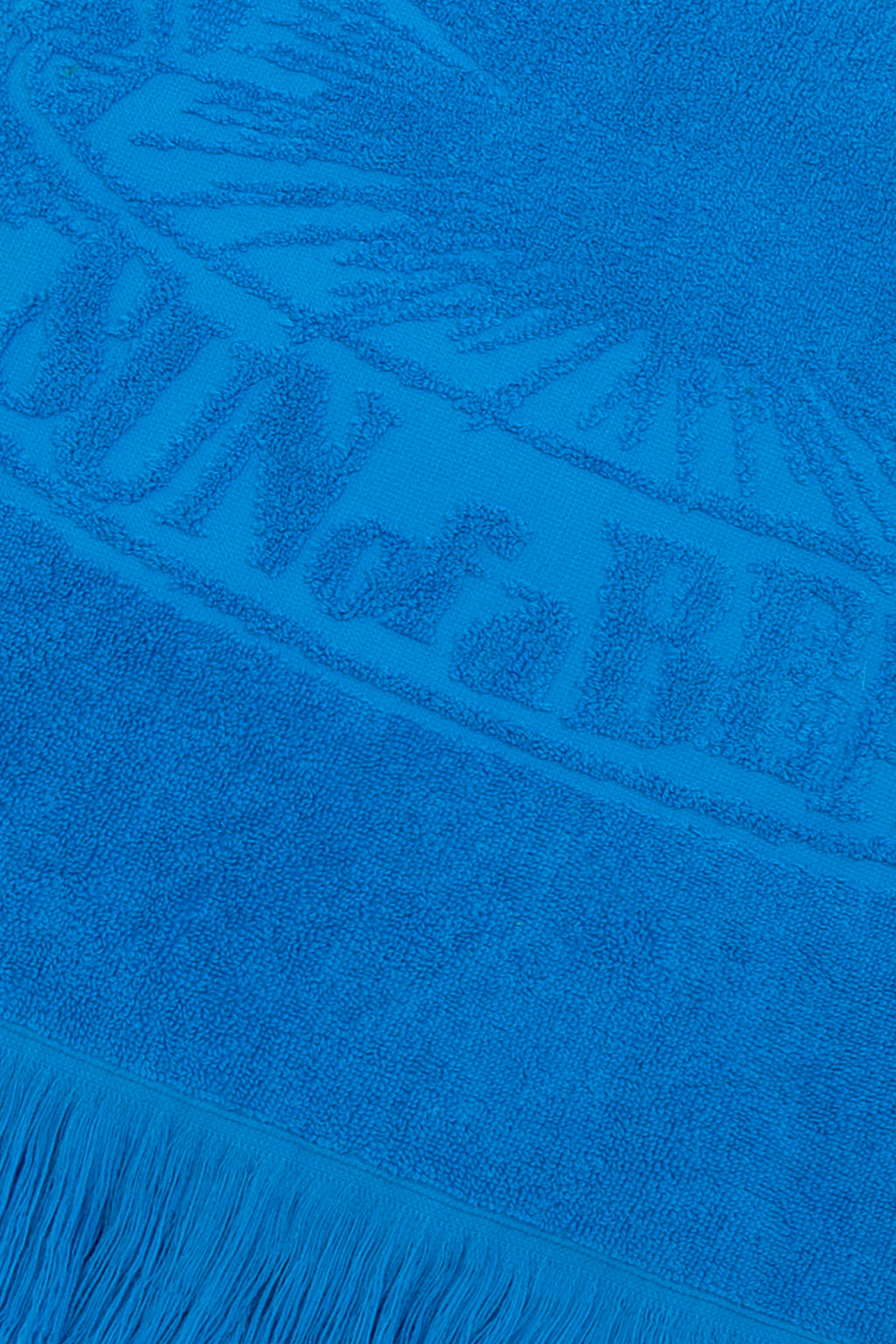 Close-up of a blue towel with branding and fringes