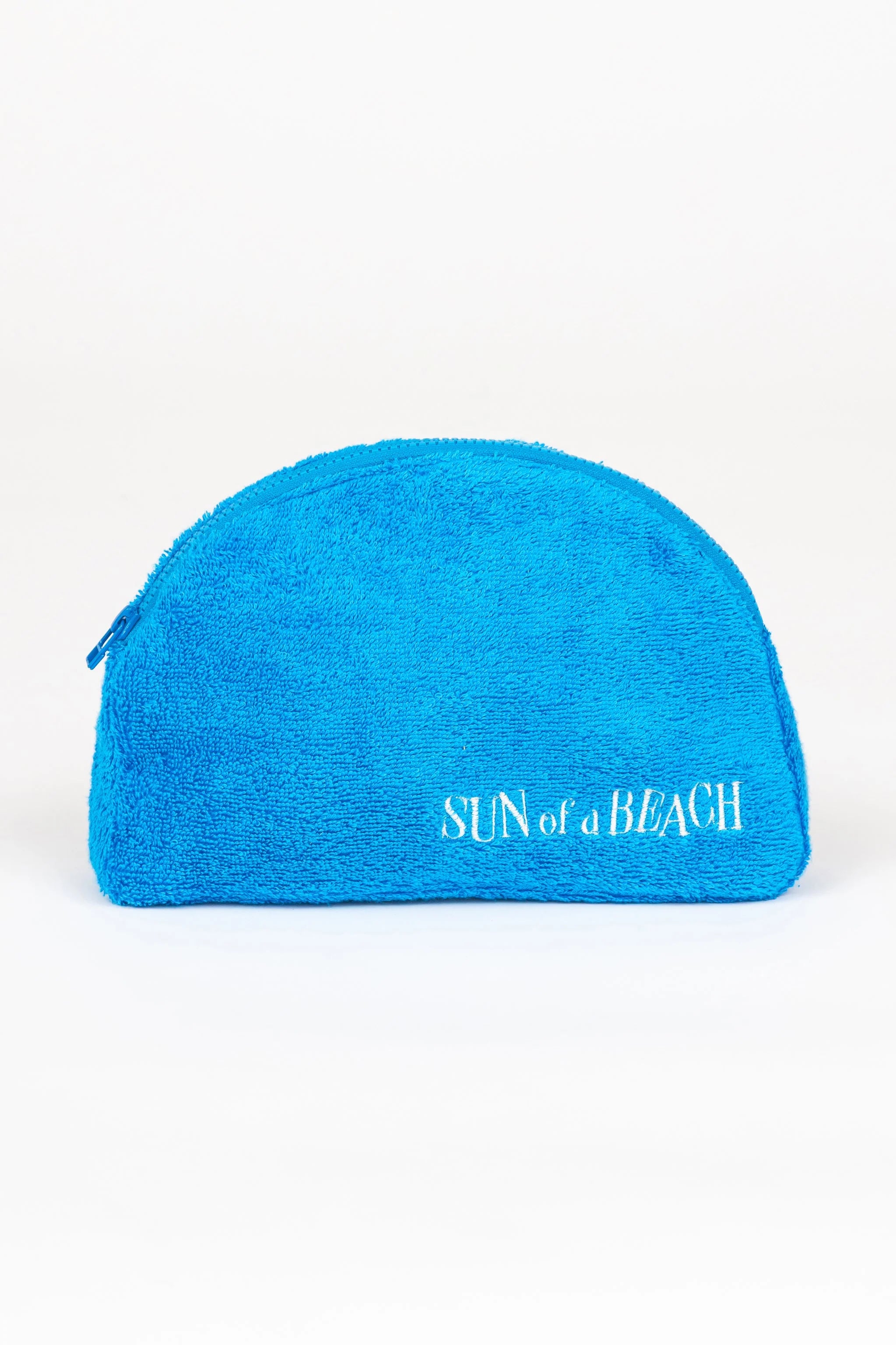 Blue pouch with 'Sun of a Beach' text on a white background