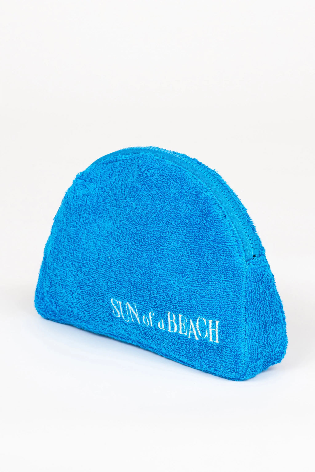 Blue wedge-shaped towel with 'Sun at a Beach' text on a white background