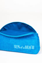 Blue pouch with 'Sun of a Beach' text on a white background