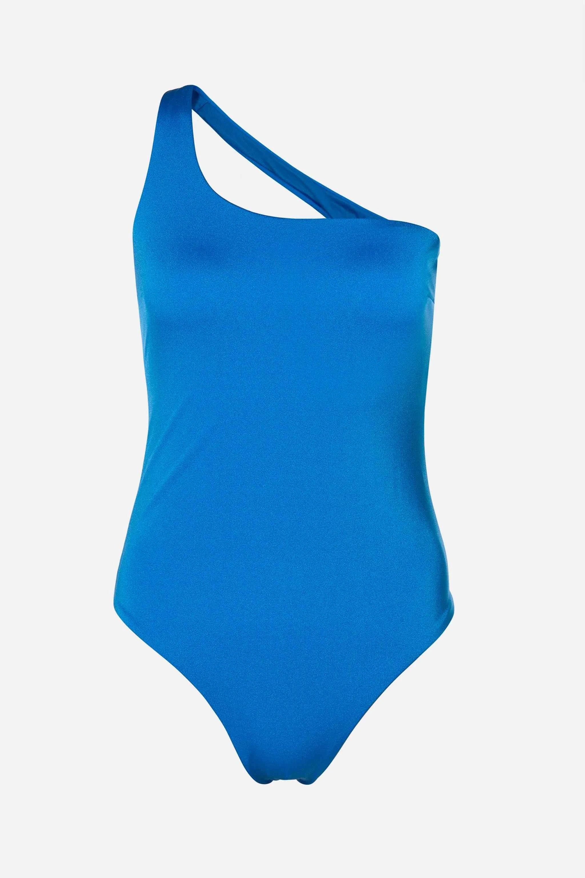 Blue one-shoulder swimsuit on a light gray background