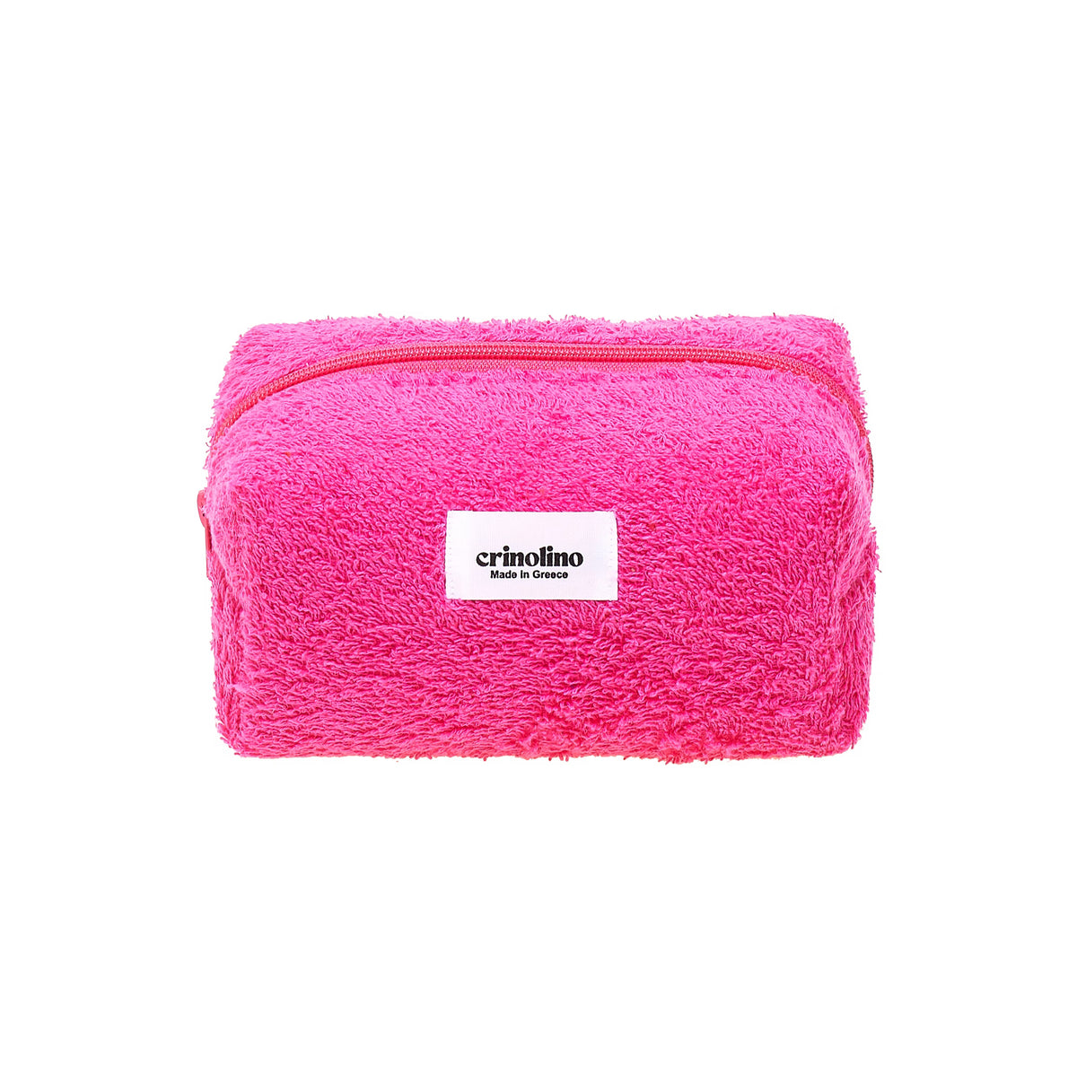 Pink fuzzy pouch with a white label on a white background