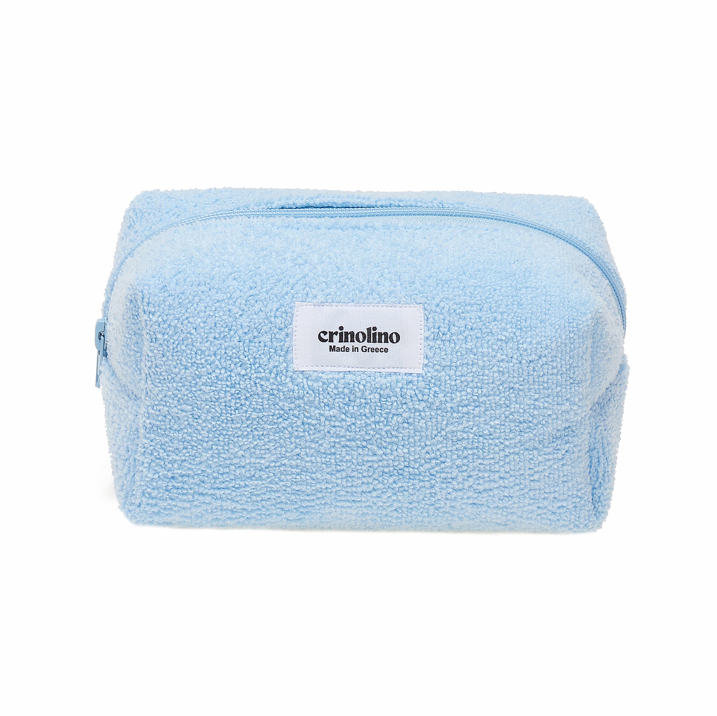 Blue textured pouch with a visible brand label on a white background