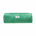 Green foam roller with a brand label on a white background