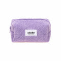 Purple textured pouch with a visible brand label on a white background