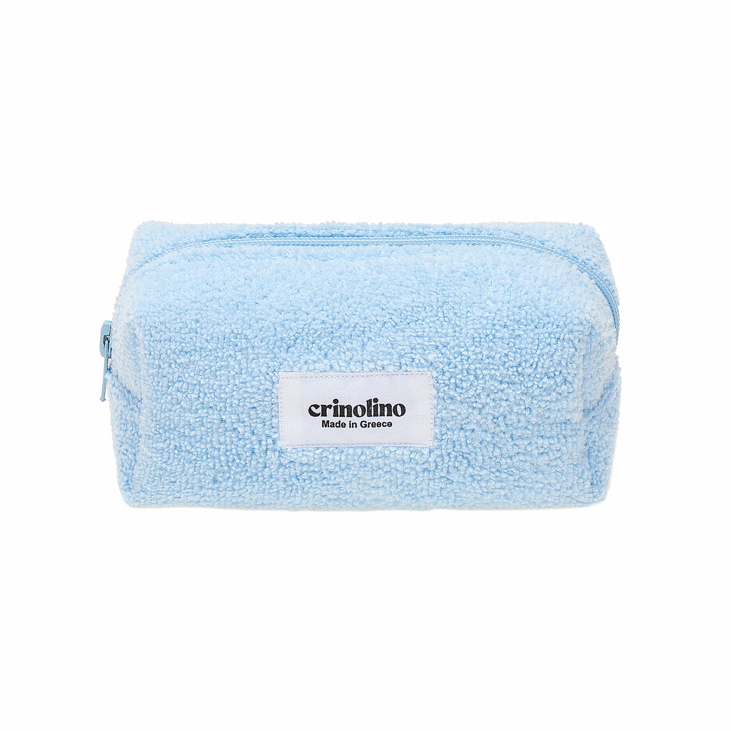 Light blue textured pouch with a visible brand label on a white background