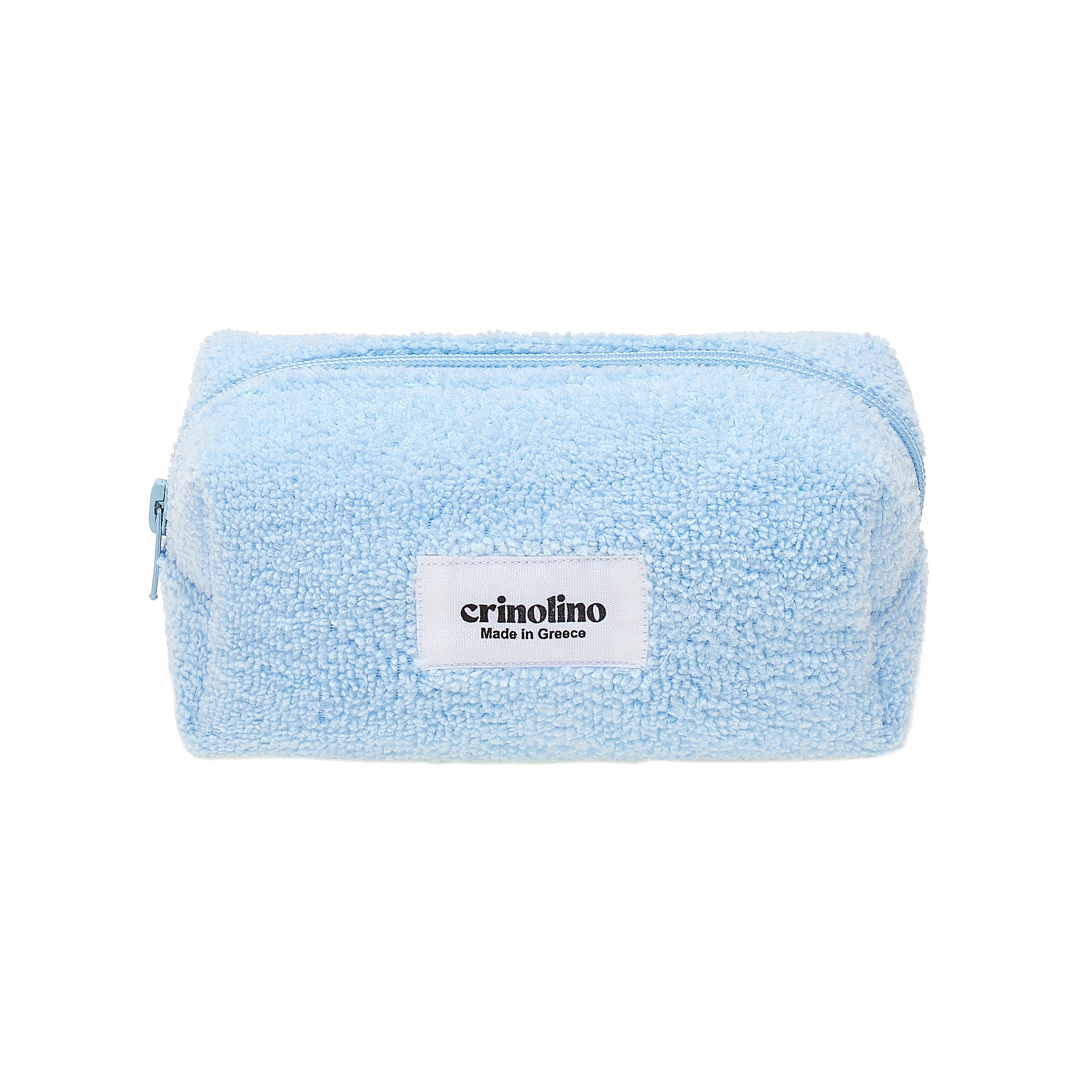 Light blue textured pouch with a visible brand label on a white background