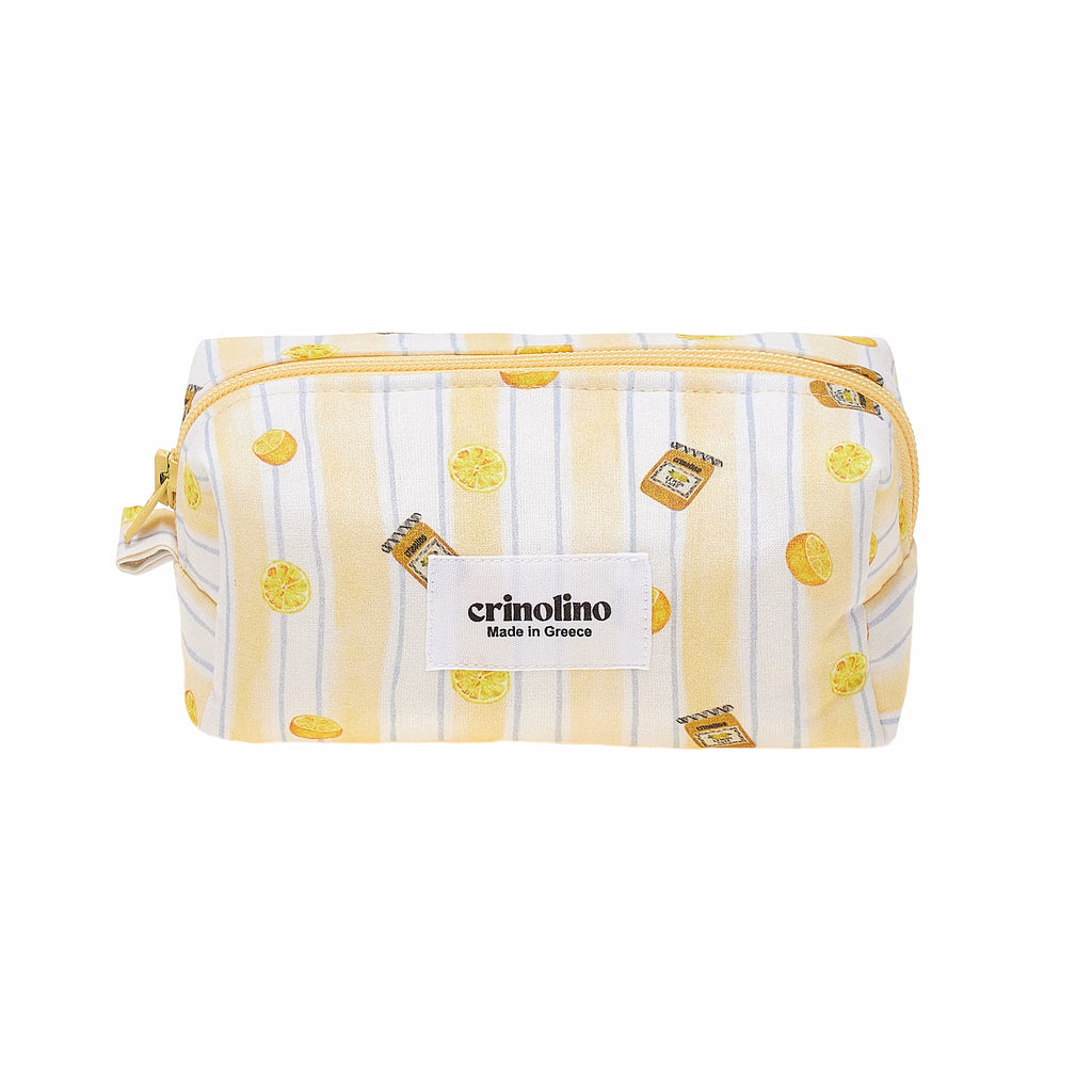 Striped pouch with yellow lemon pattern and Crinolino label on a white background