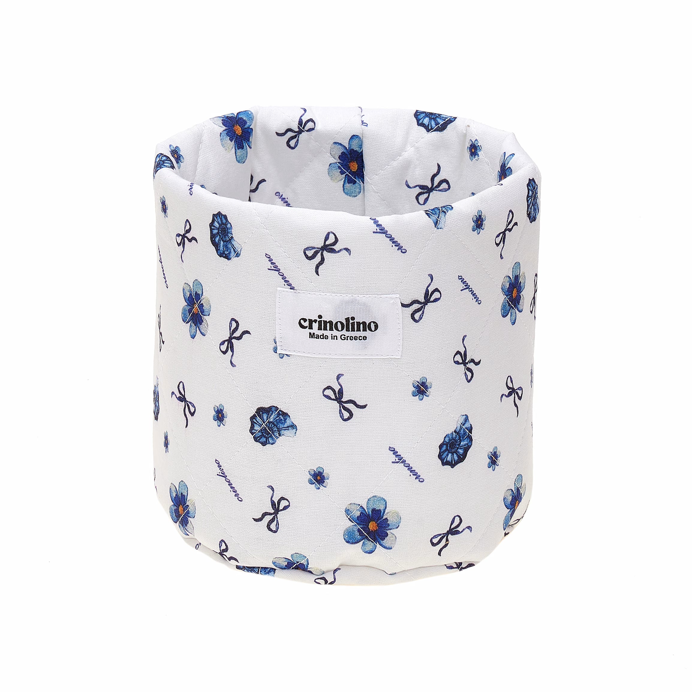 White container with blue floral and bow pattern, featuring a 'crinolino' label.
