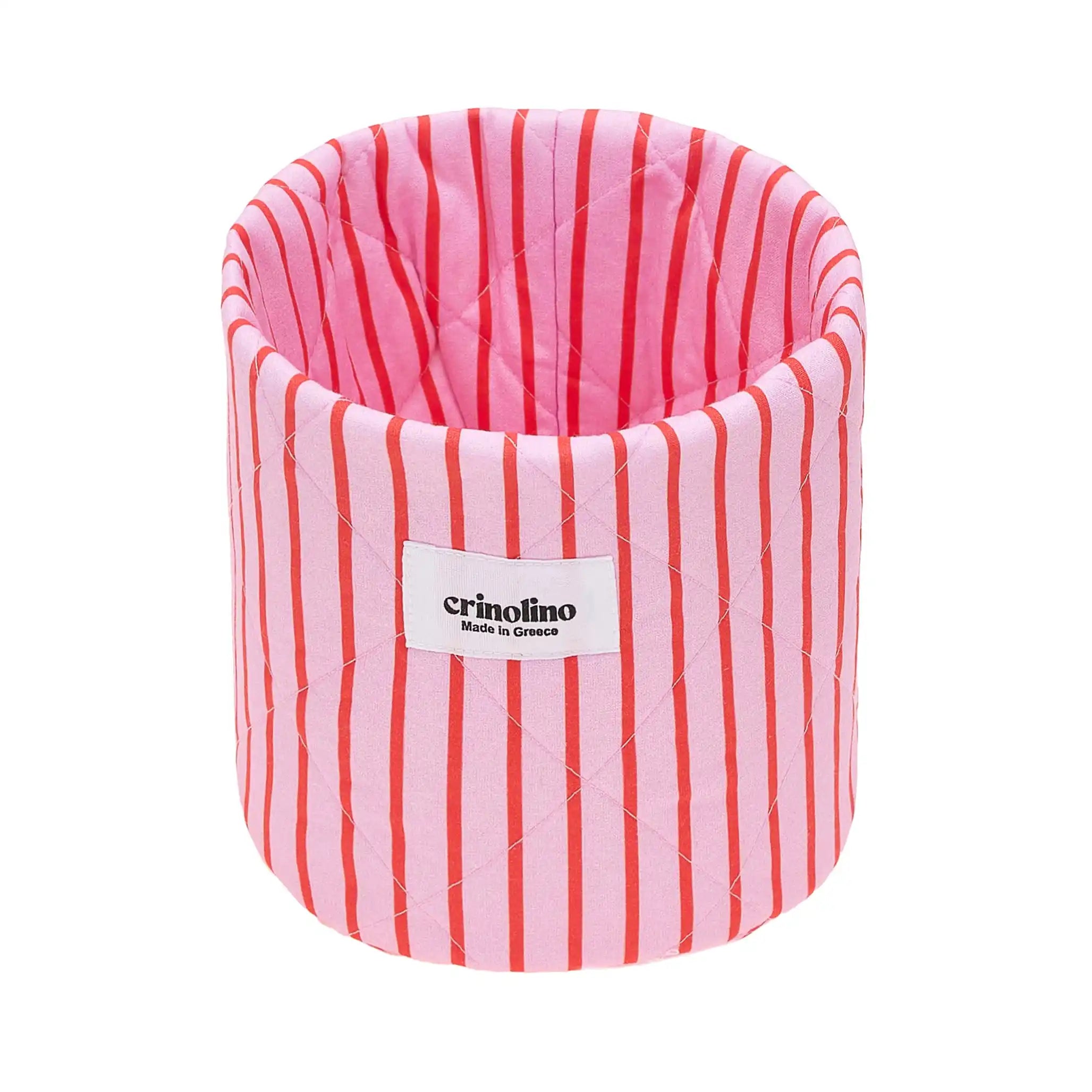 Pink and red striped pet bed with 'crinolino' label on a white background