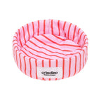 Pink and red striped pet bed with 'crinolino' label on a white background