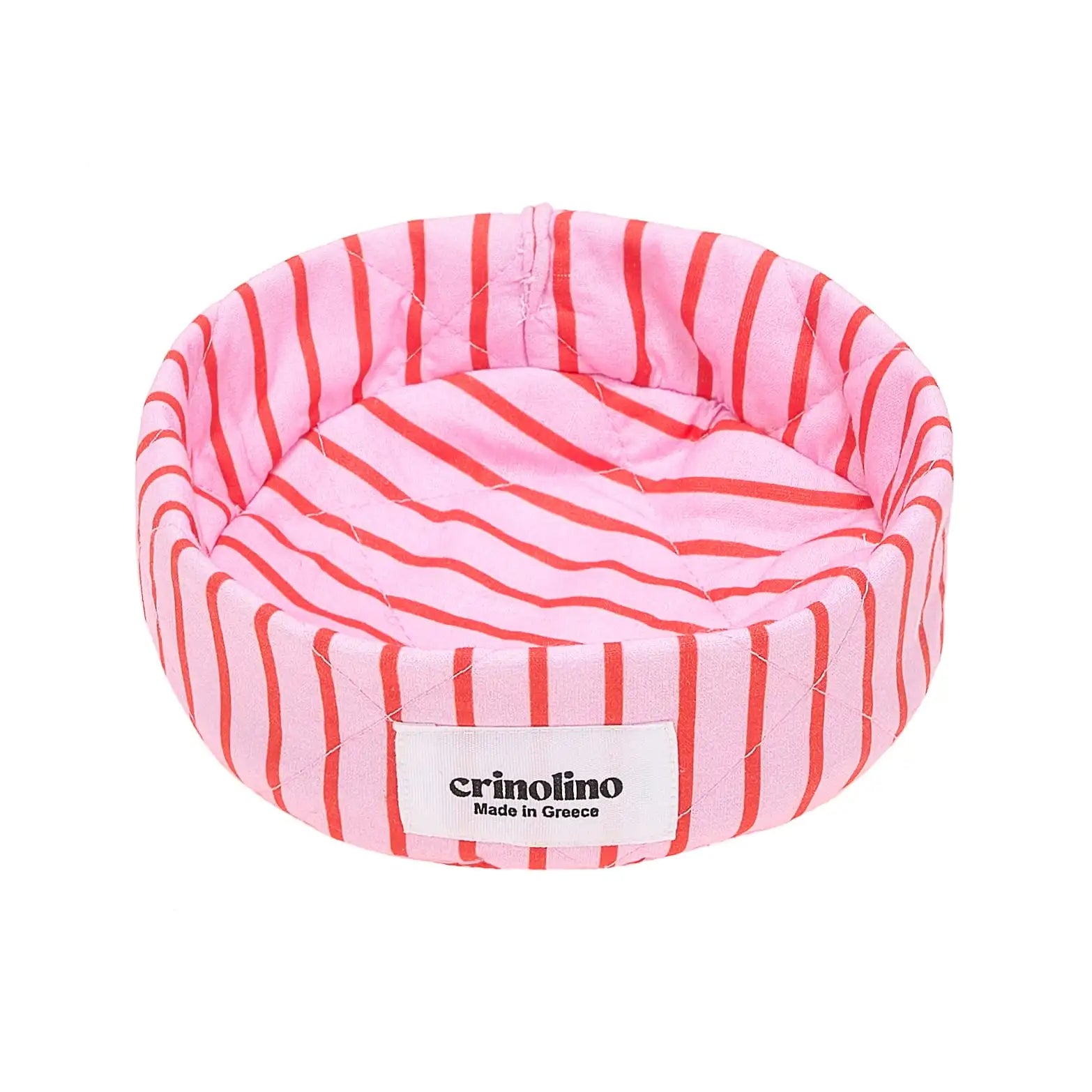 Pink and red striped pet bed with 'crinolino' label on a white background