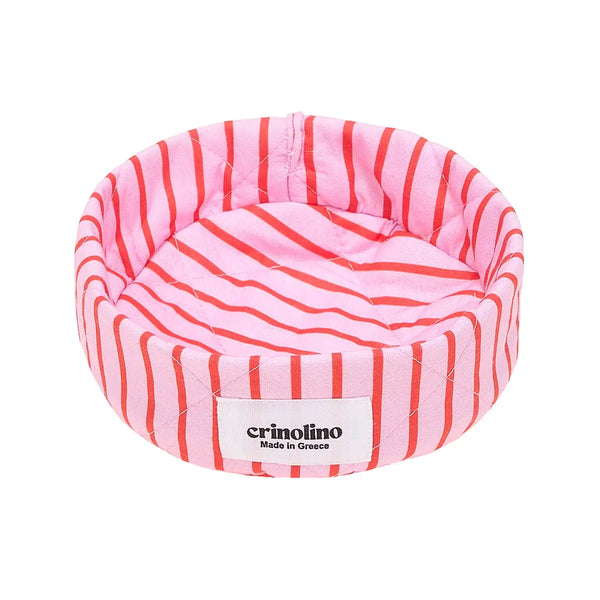 Pink and red striped pet bed with 'crinolino' label on a white background