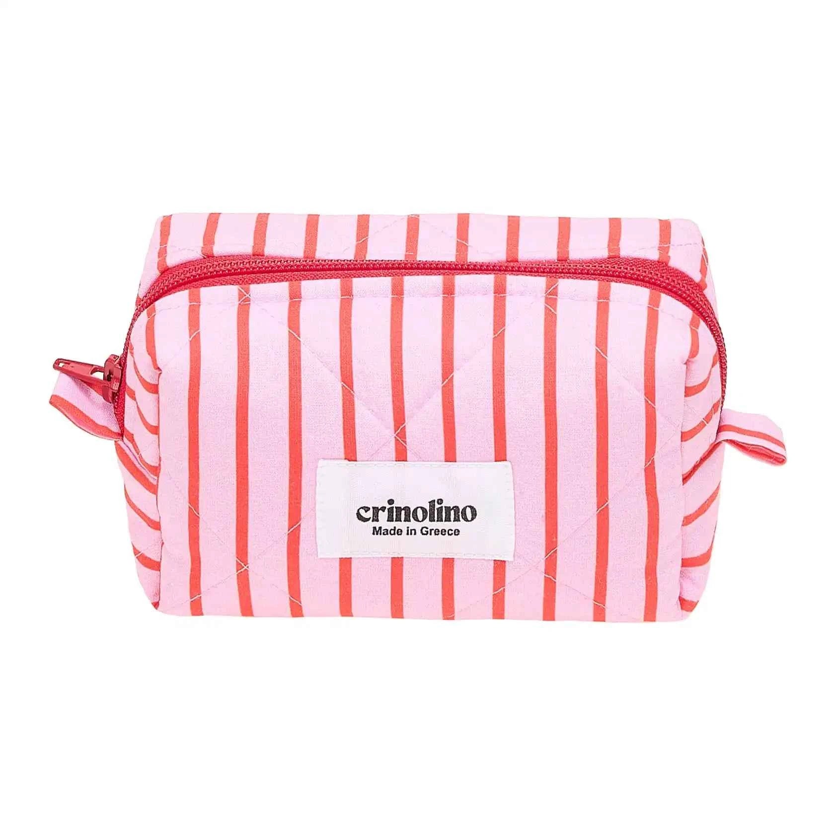 Pink and red striped pouch with 'crinolino' branding on a white background