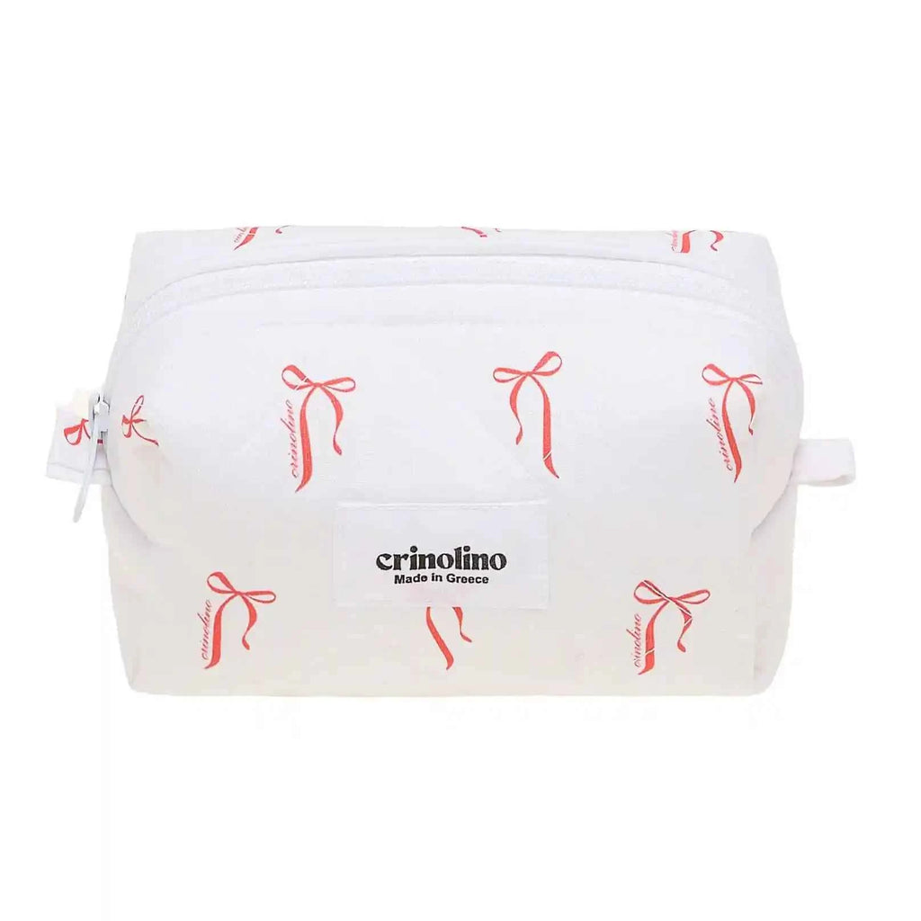 White pouch with red bow pattern and 'crinolino' branding on a white background