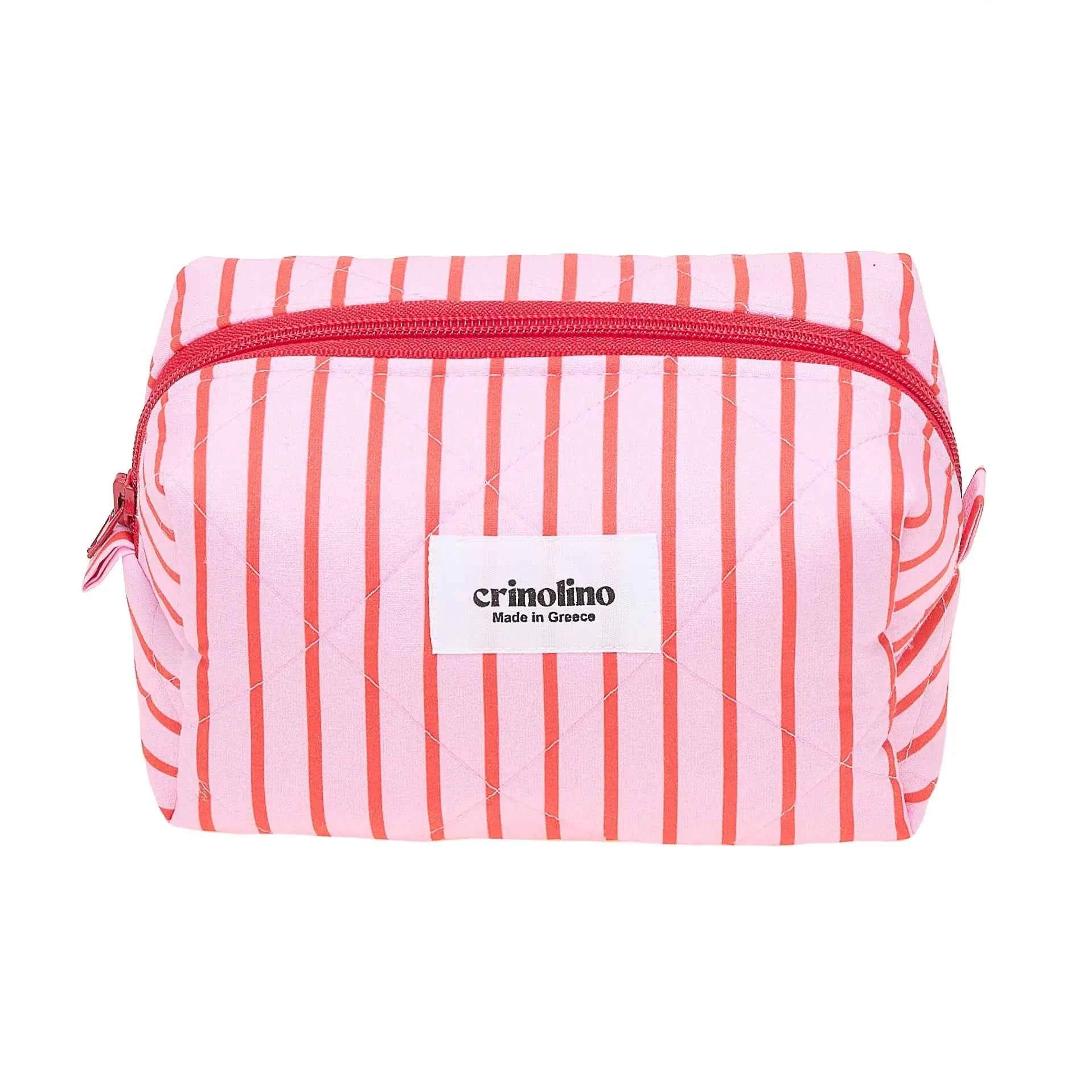 Pink and white striped pouch with a visible brand label on a white background