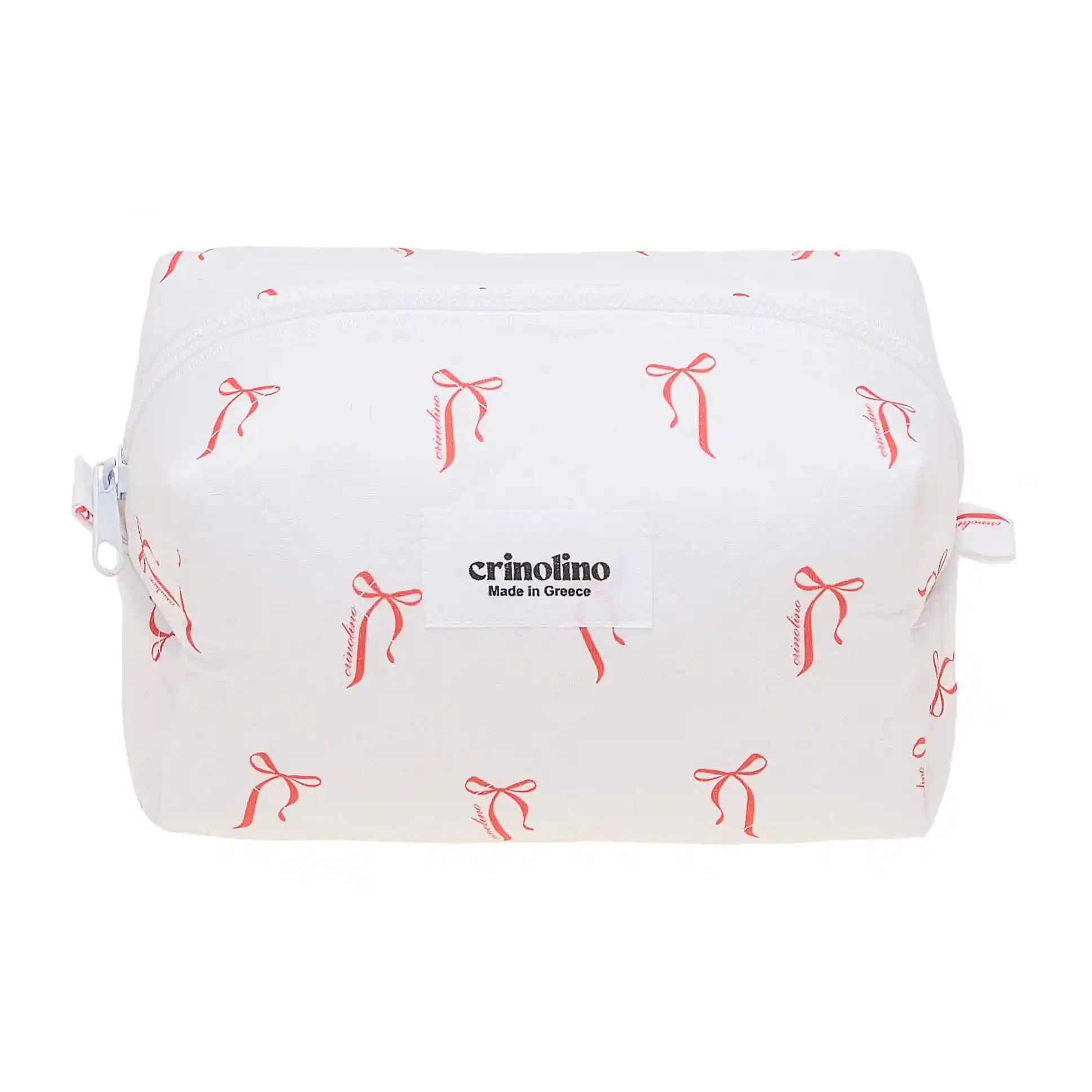 White pouch with red bow pattern and 'crinolino' branding on a white background