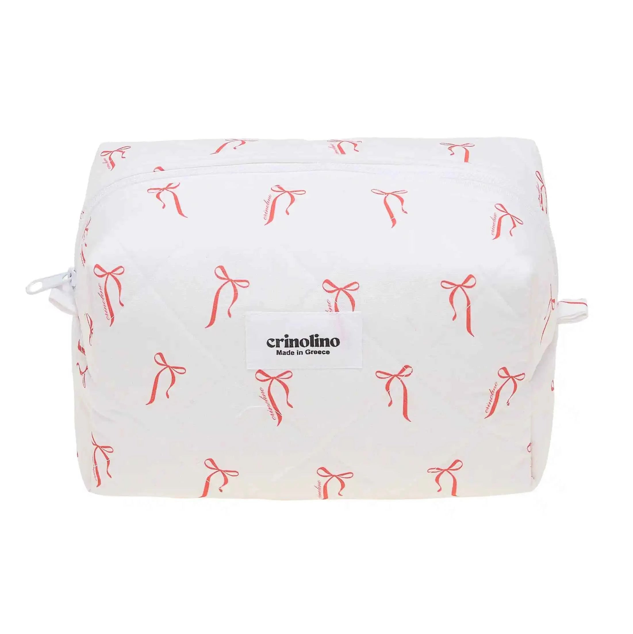 White pouch with red bow pattern and 'crinolino' branding on a white background