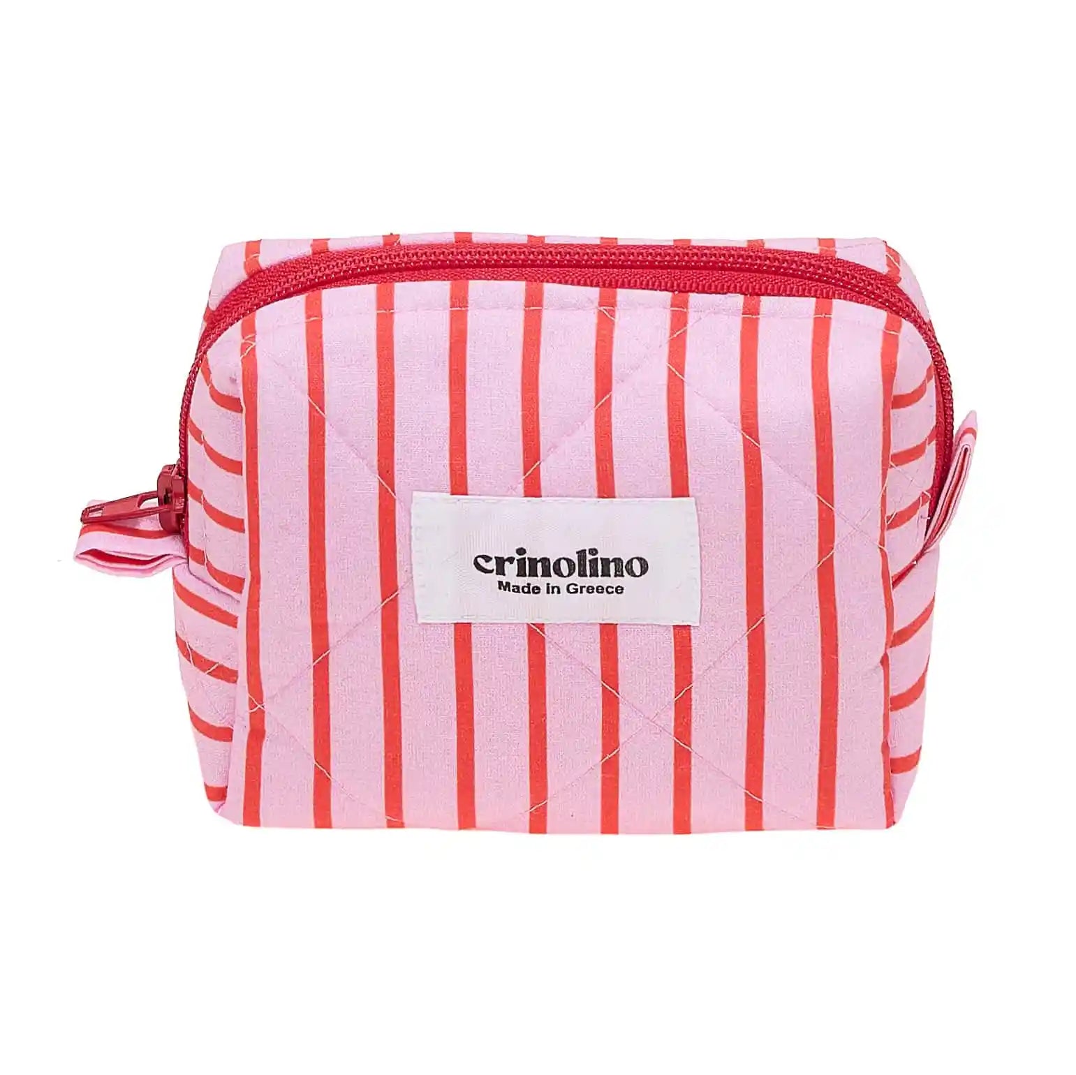 Striped pouch with a visible brand label on a white background