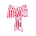 Pink and red striped bow keychain with a visible brand label on a white background