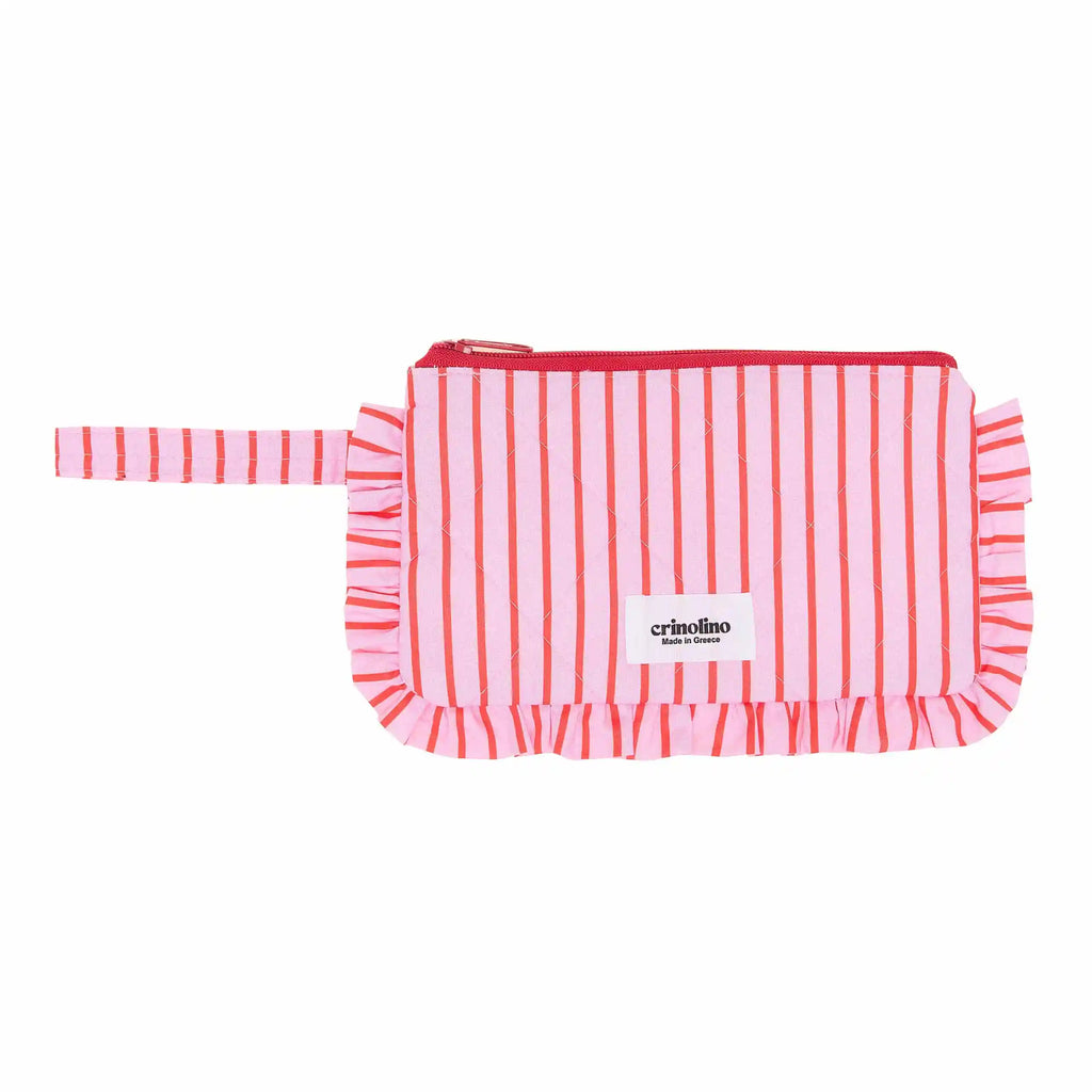 Pink and white striped pouch with a visible brand label on a white background