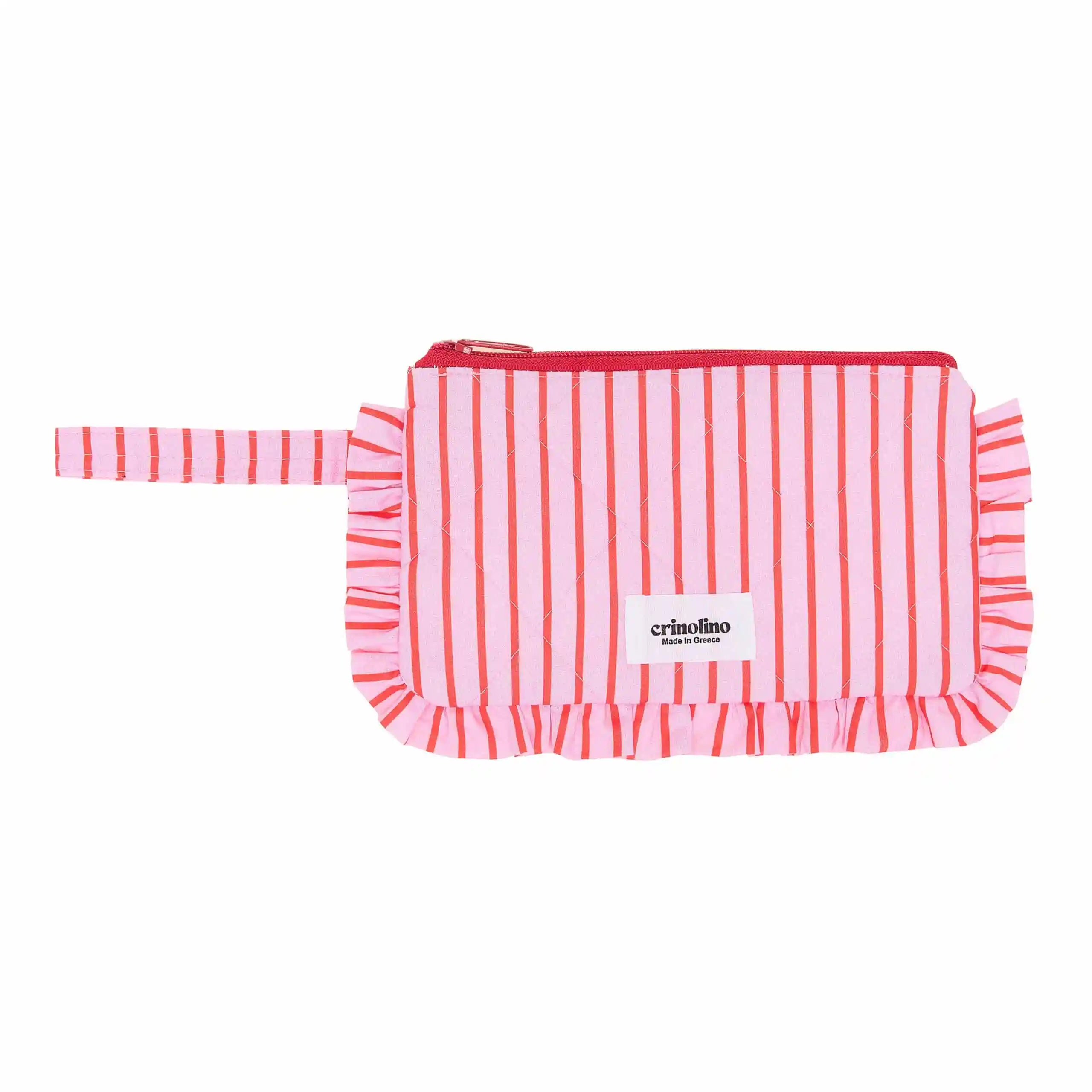 Pink and white striped pouch with a visible brand label on a white background