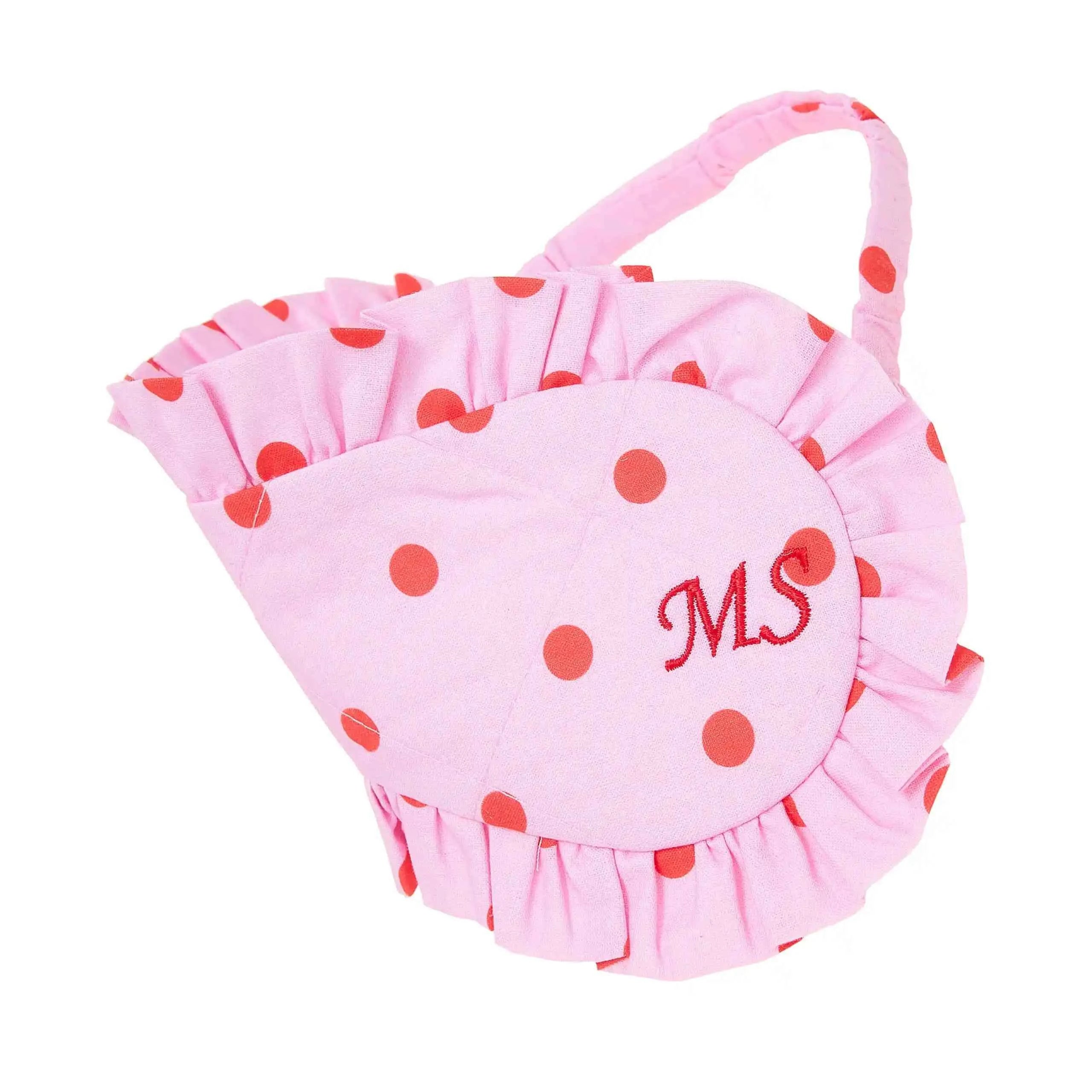 Pink polka dot bag with red dots and 'MS' initials on a white background