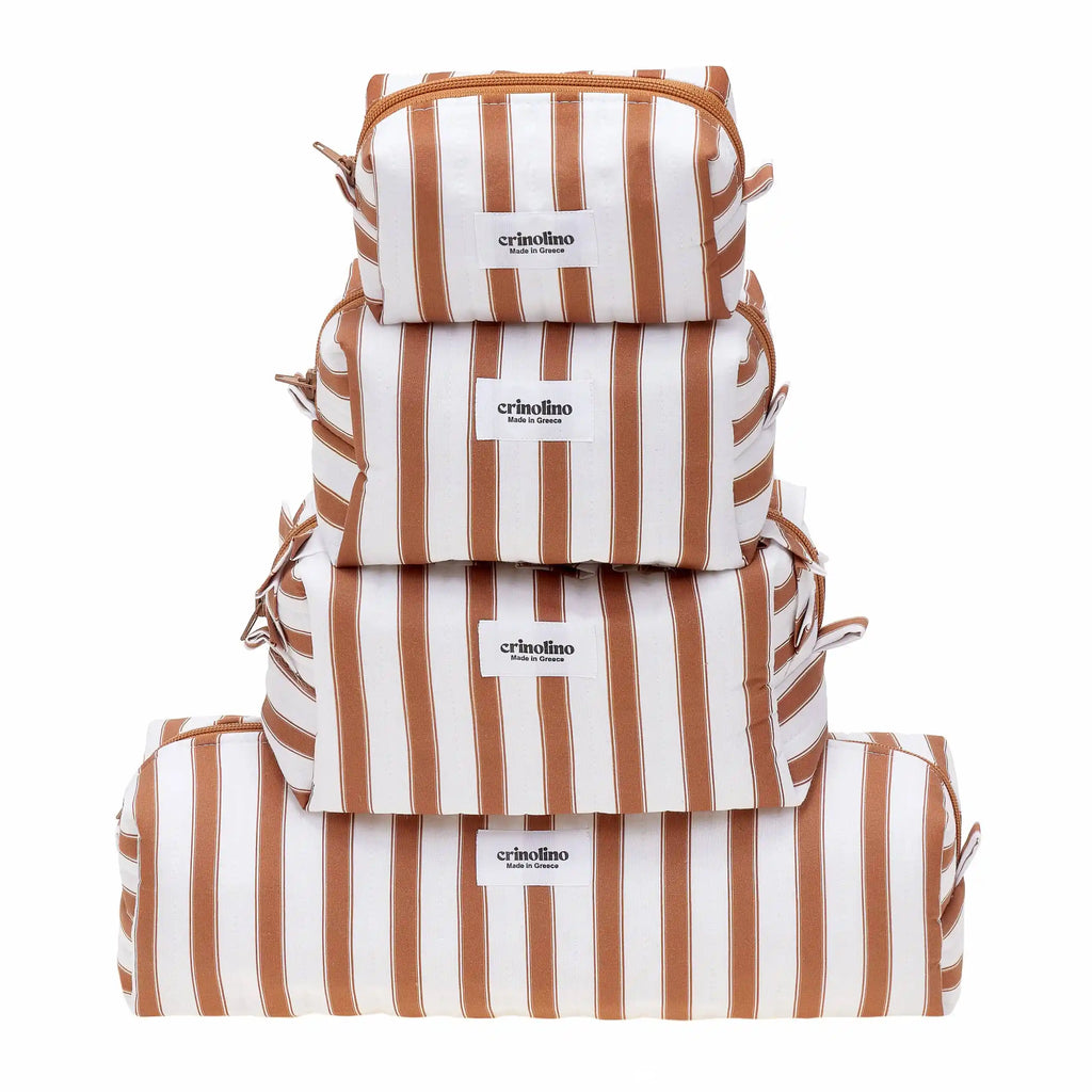 Set of three striped bags in brown and white with 'crinolino' branding on a white background.