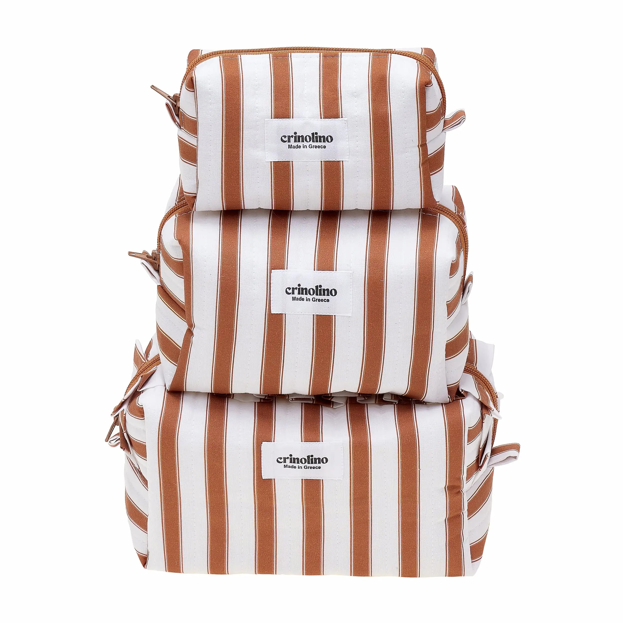 Stack of three striped bags with 'crinolino' branding on a white background
