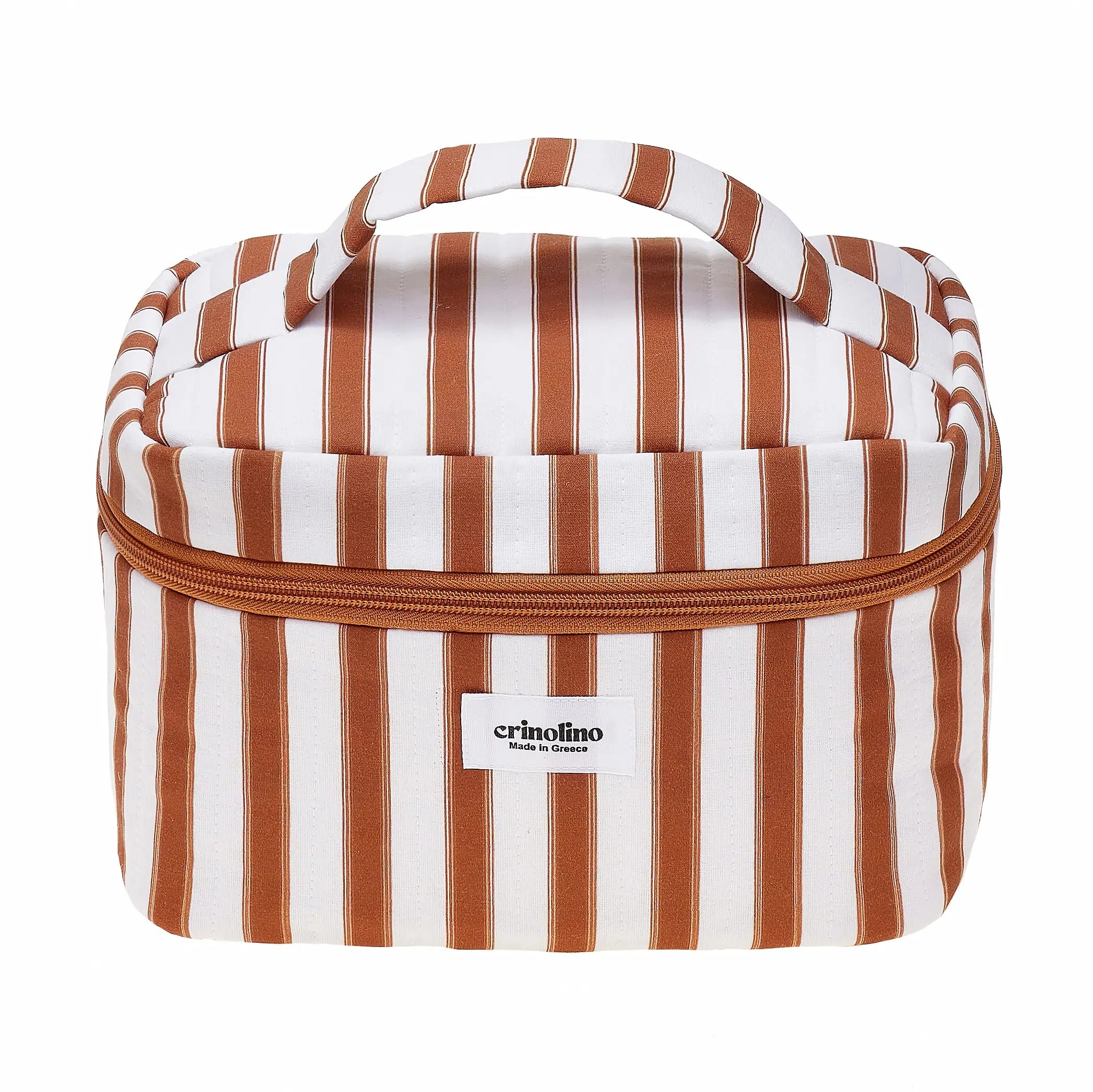 Striped lunch bag with brown and white stripes on a white background