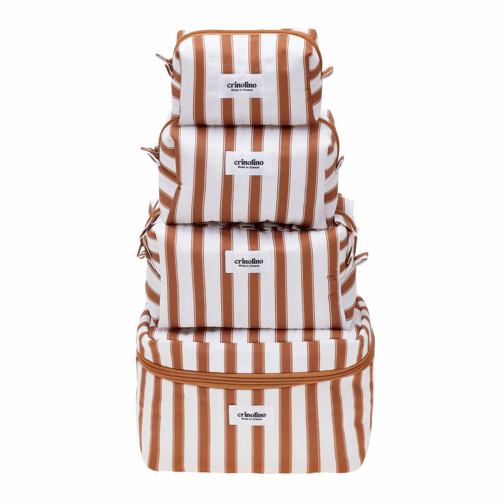 Set of three striped bags with 'crinolino' branding on a white background
