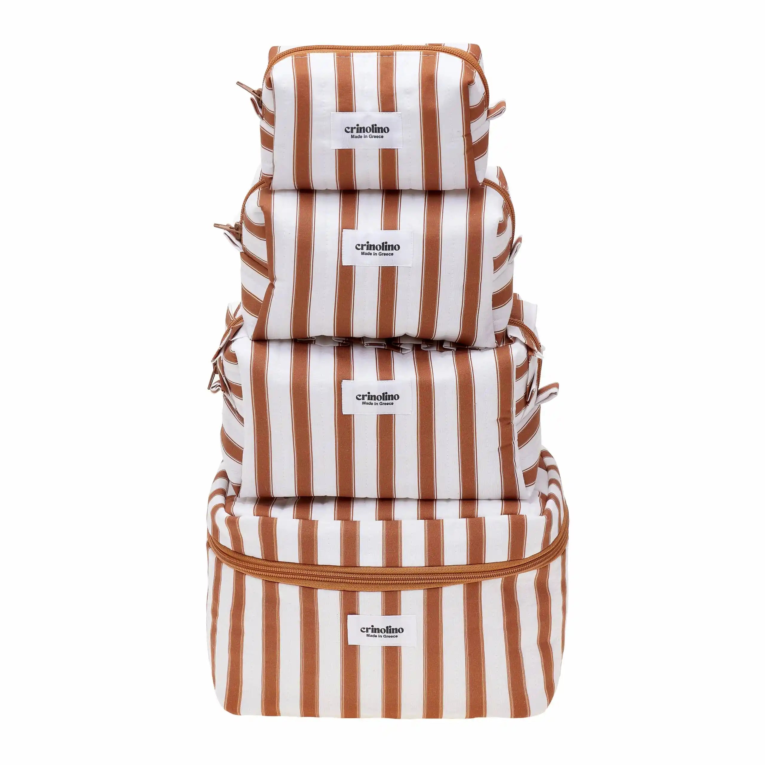 Set of three striped bags with 'crinolino' branding on a white background