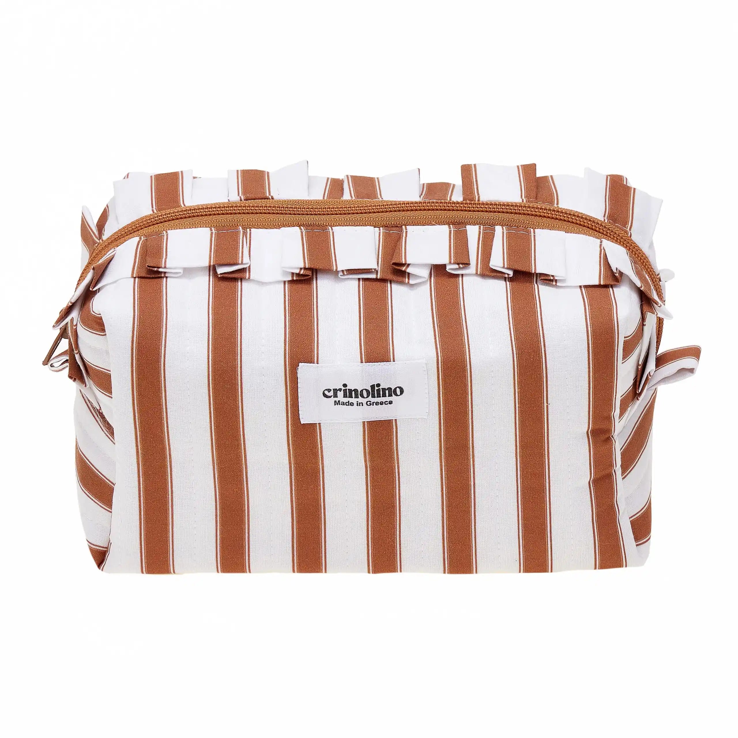 Striped bag with a visible brand label on a white background