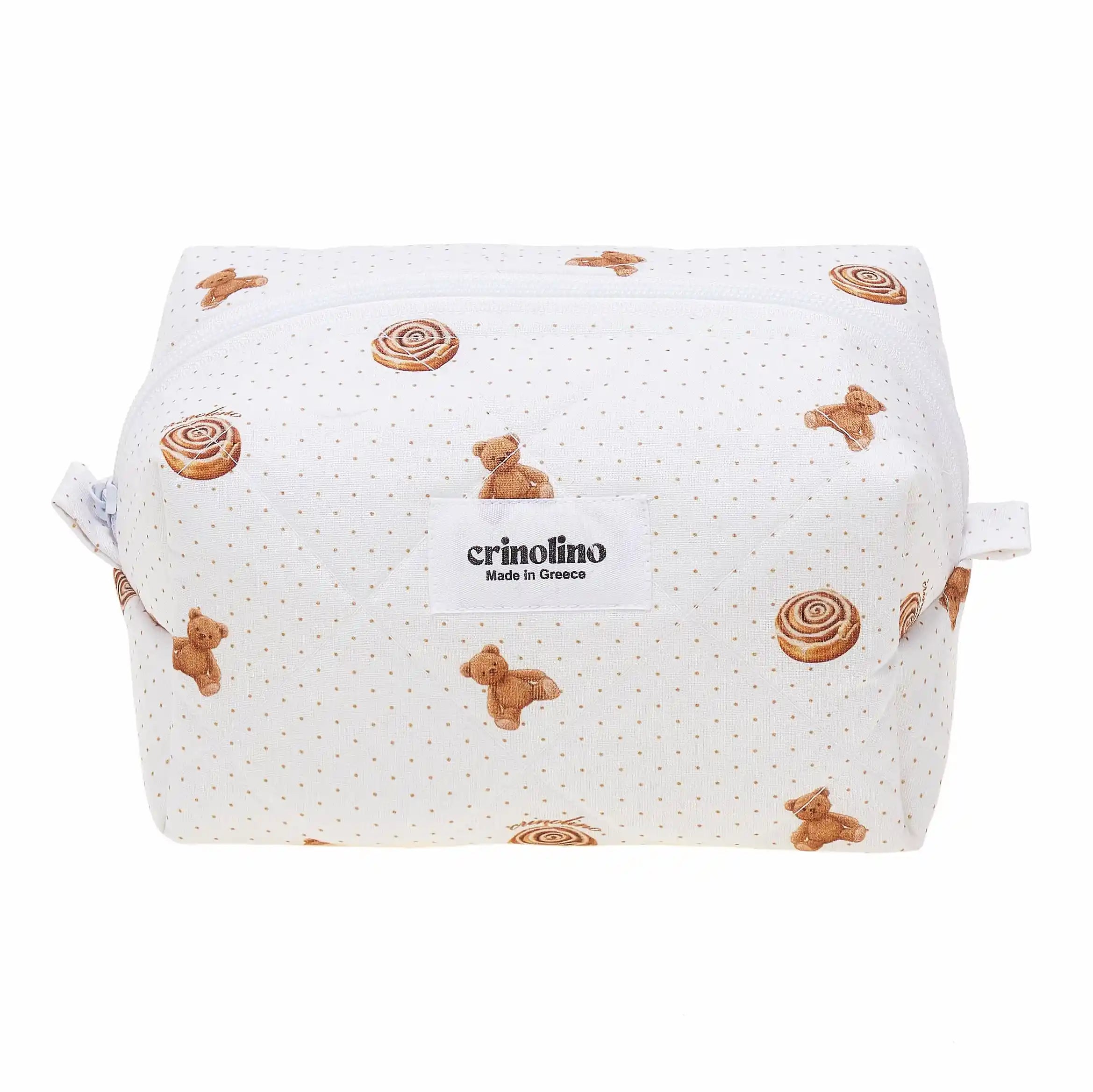 Fabric pouch with teddy bear and cinnamon roll patterns on a white background