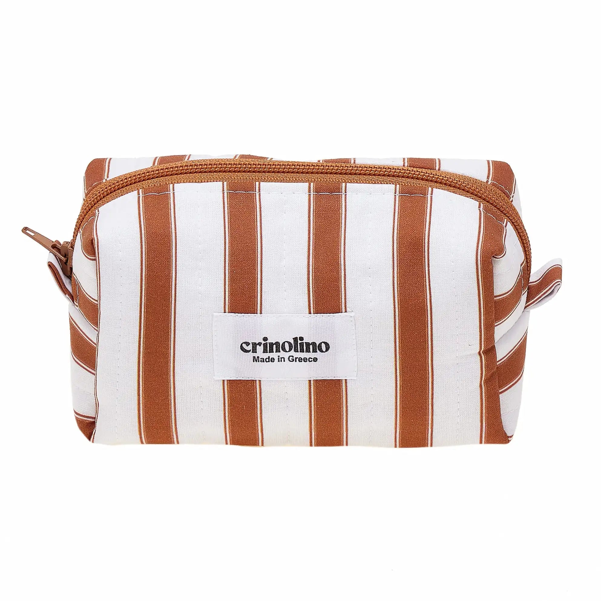 Striped toiletry bag with 'crinolino' brand label on a white background