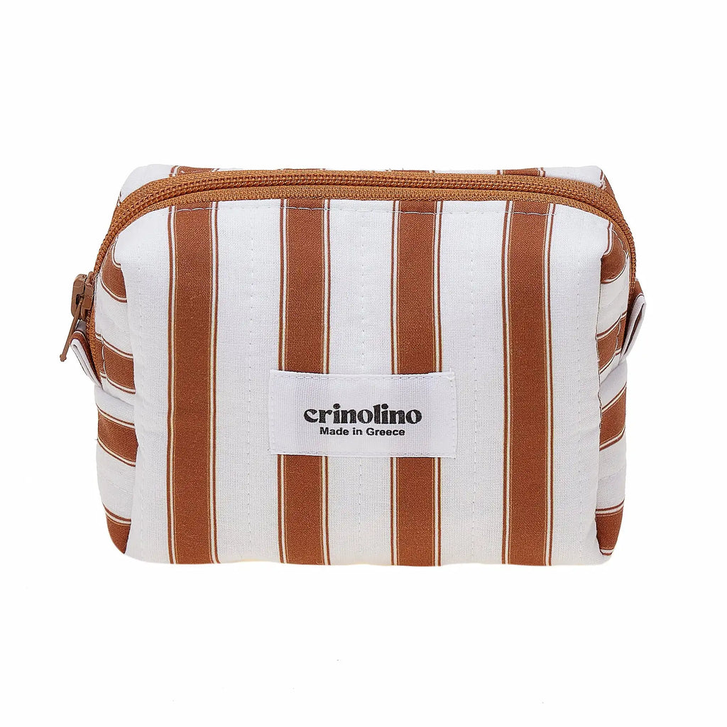 Striped pouch with brown and white pattern and 'crinolino' label on a white background