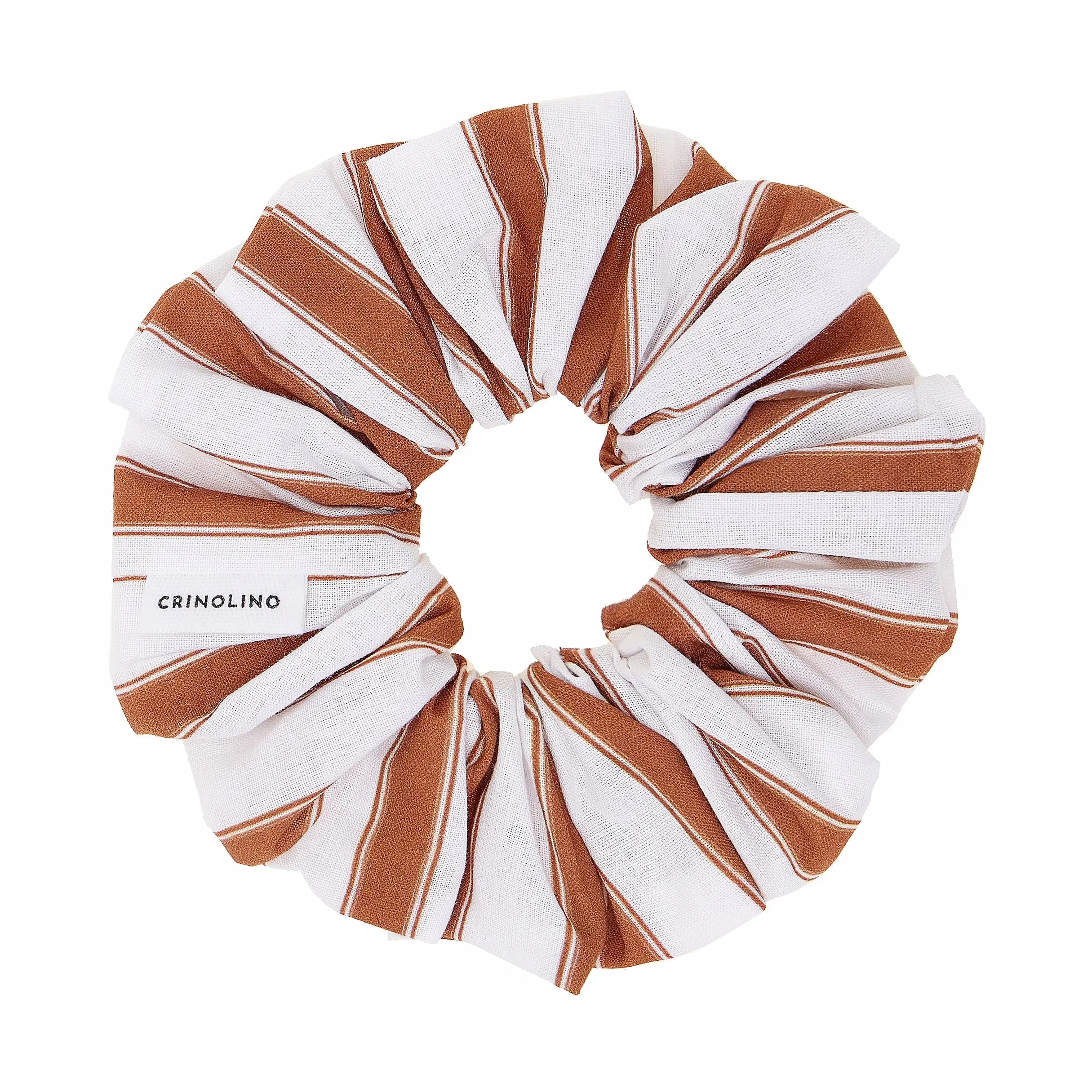 Striped brown and white scrunchie with 'CRINOLINO' branding on a white background