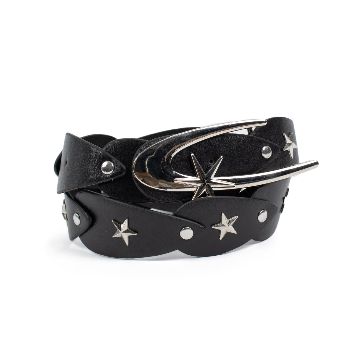 A black leather belt with a scalloped, studded edge, silver star accents, and a large curved silver buckle featuring a star design, shown on a white background.