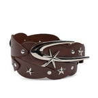 A brown leather belt with a scalloped, studded edge, silver star accents, and a large curved silver buckle featuring a star design, shown on a white background.