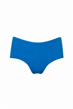 A pair of bright blue bikini bottoms or underwear shown flat against a plain white background.
