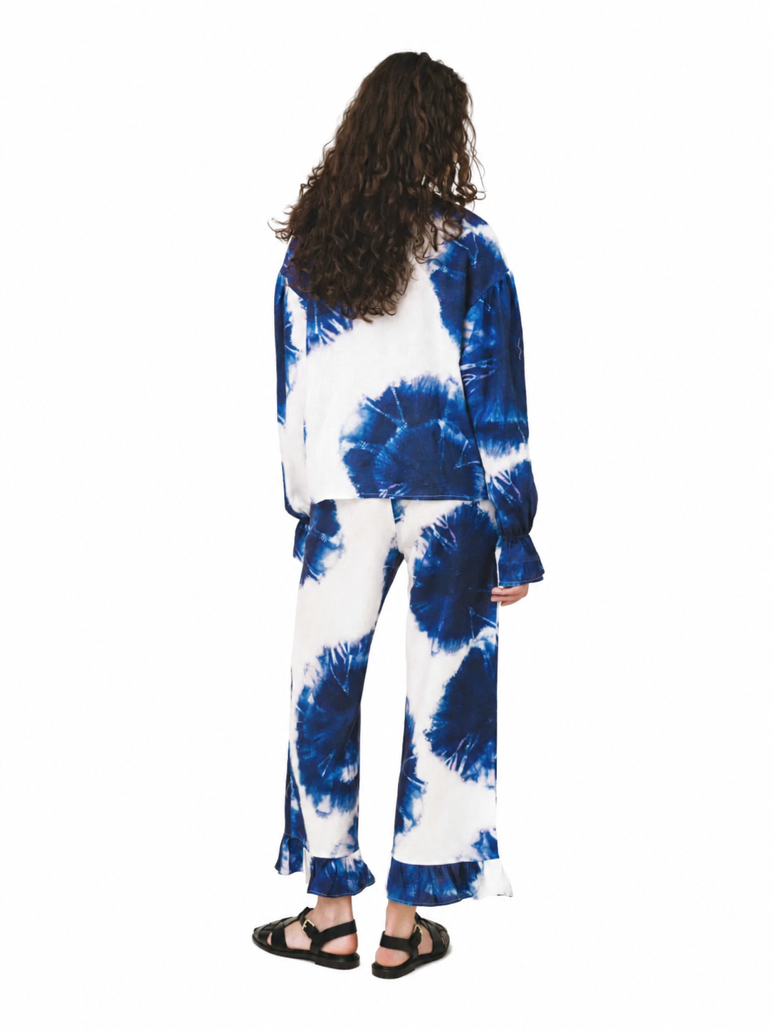 Love and Alicia NAMI Tie Dye Linen Top blue and white tie-dye linen jacket back view styled as a set with matching wide-leg trousers