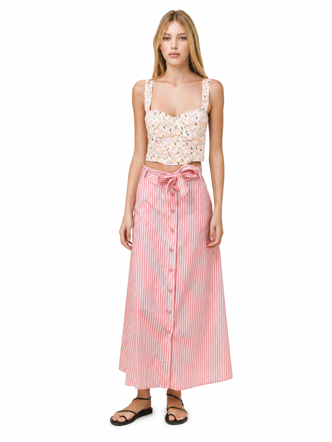 Love and Alicia MOLLY Floral Bustier Top cream floral print crop top styled with pink striped button-down midi skirt