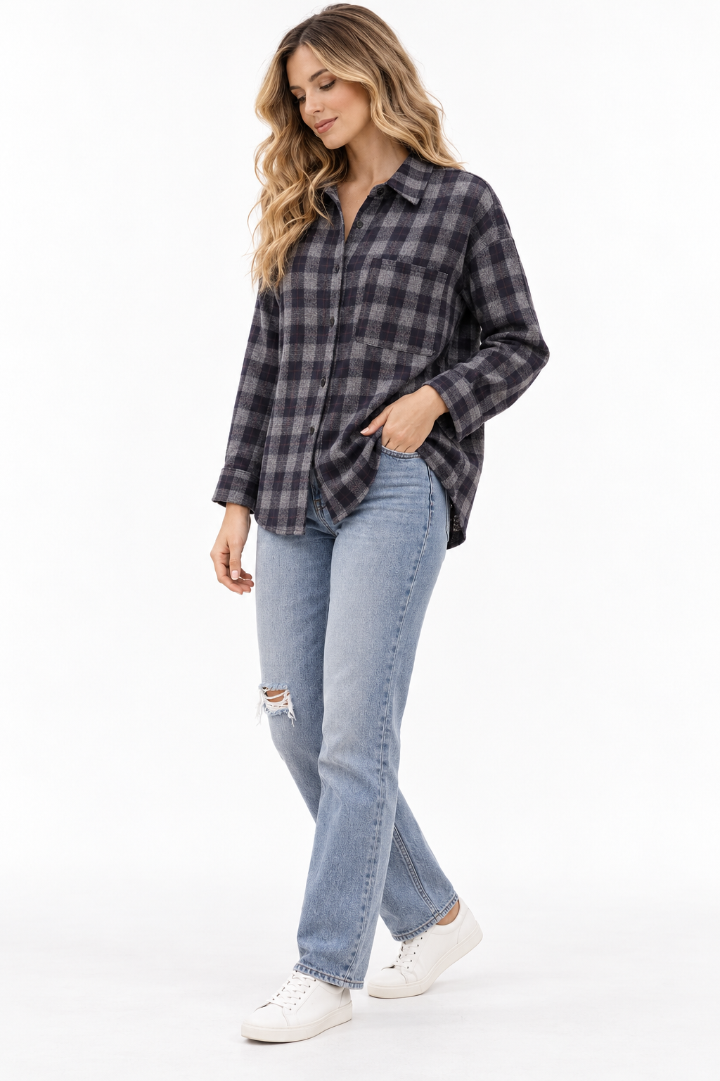 Women's Plaid Flannel Shirt in Navy & Grey