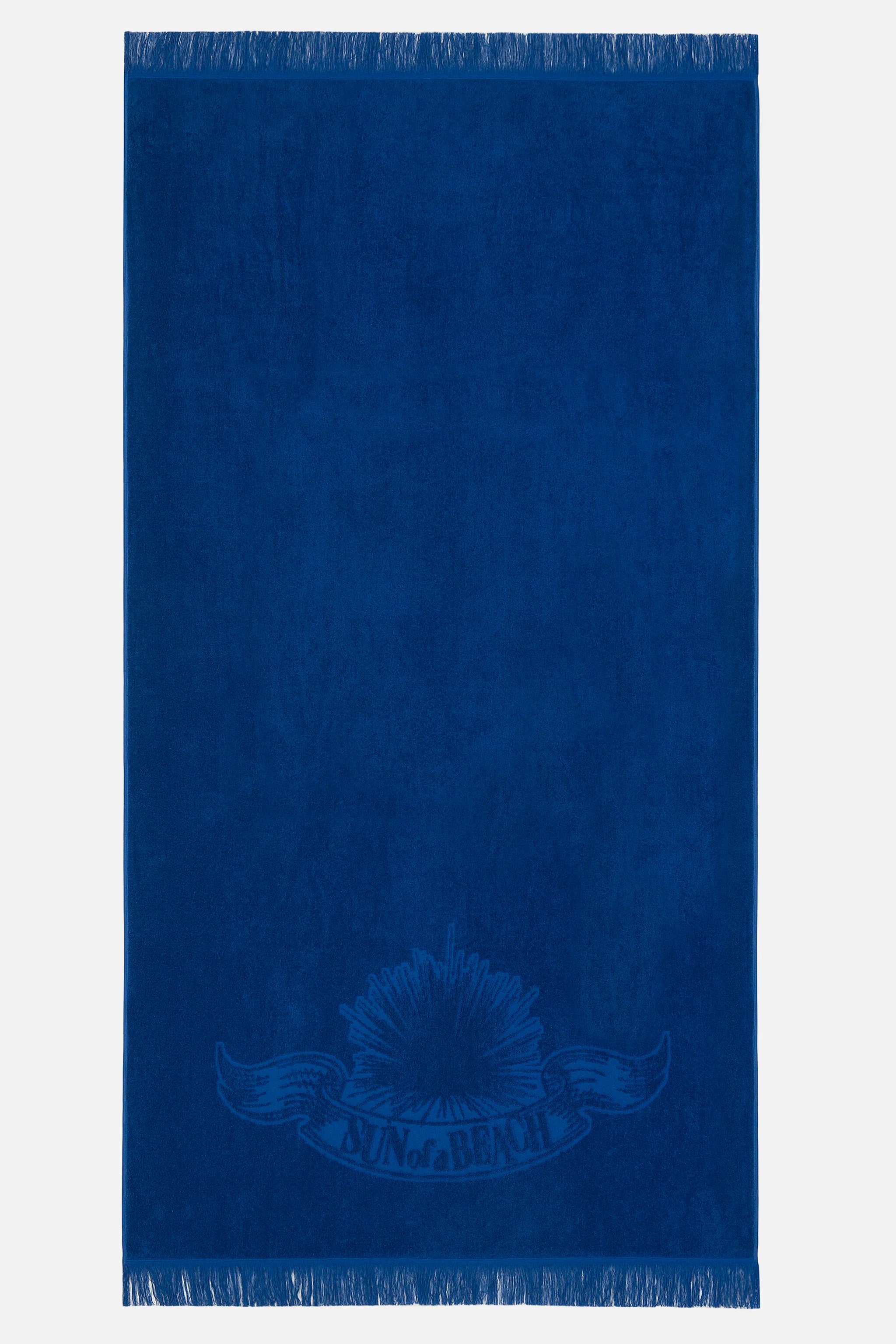 Blue scarf with a logo and text on a white background