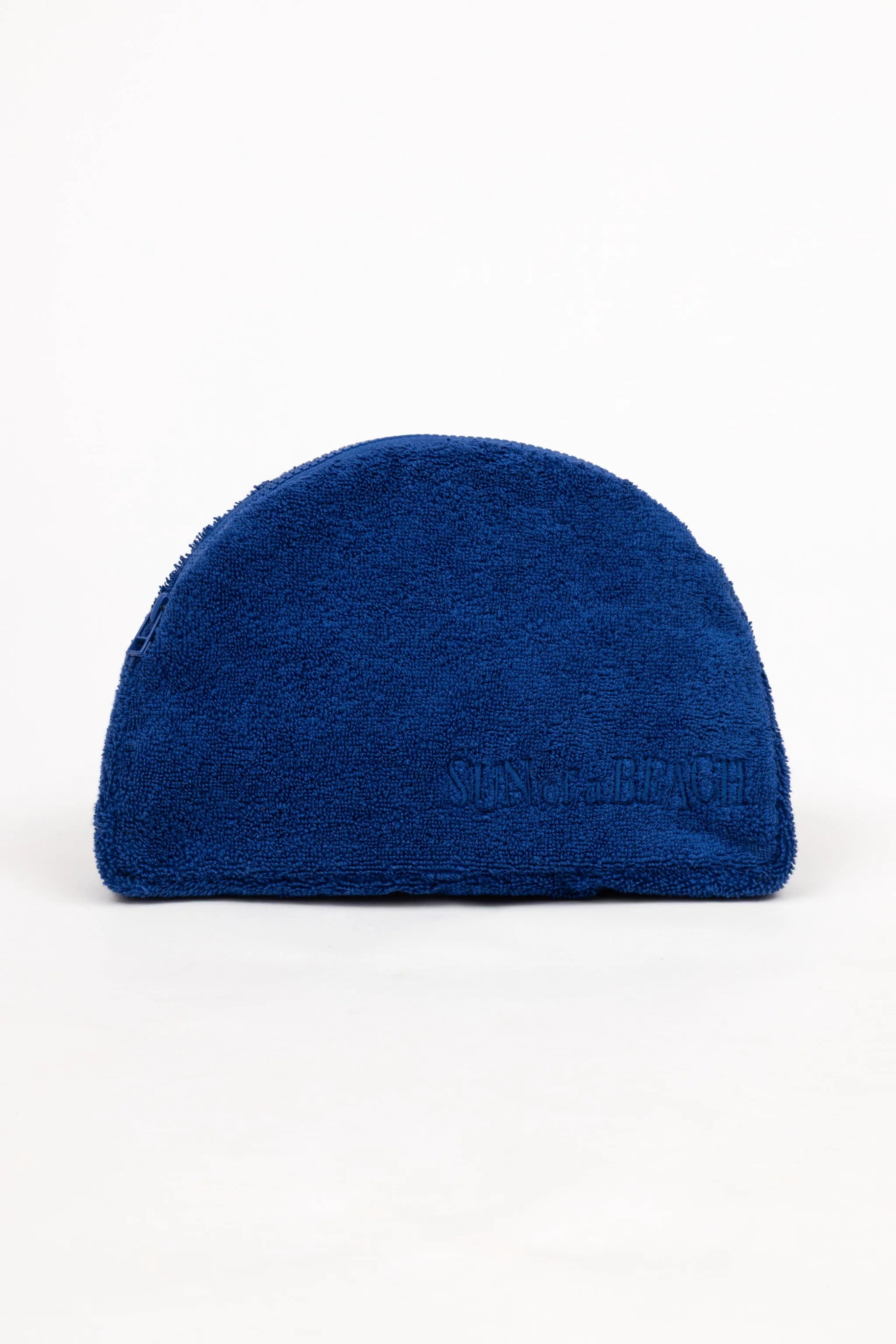 Blue fleece beanie on a white background