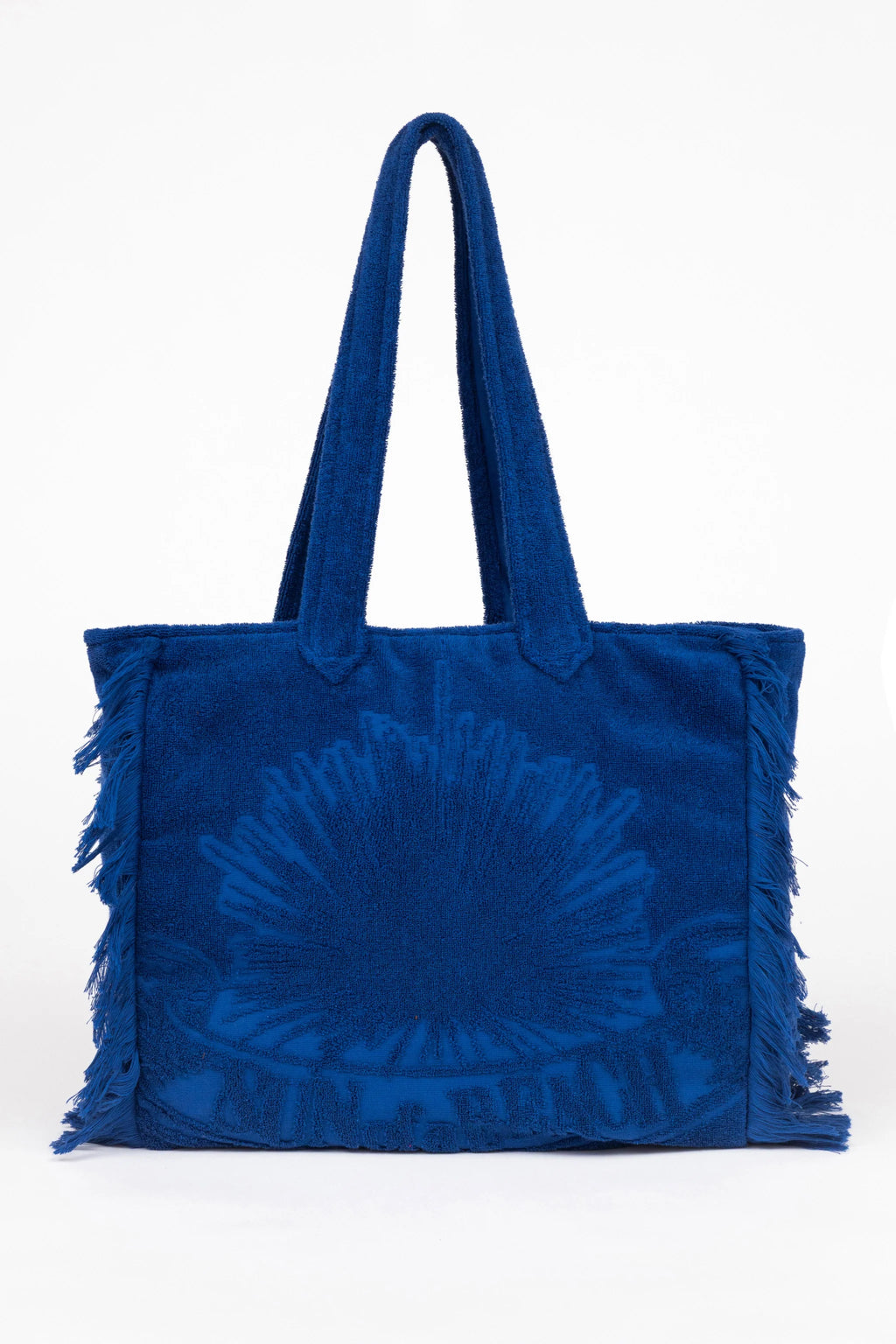 Blue tie-dye tote bag with frayed edges on a white background