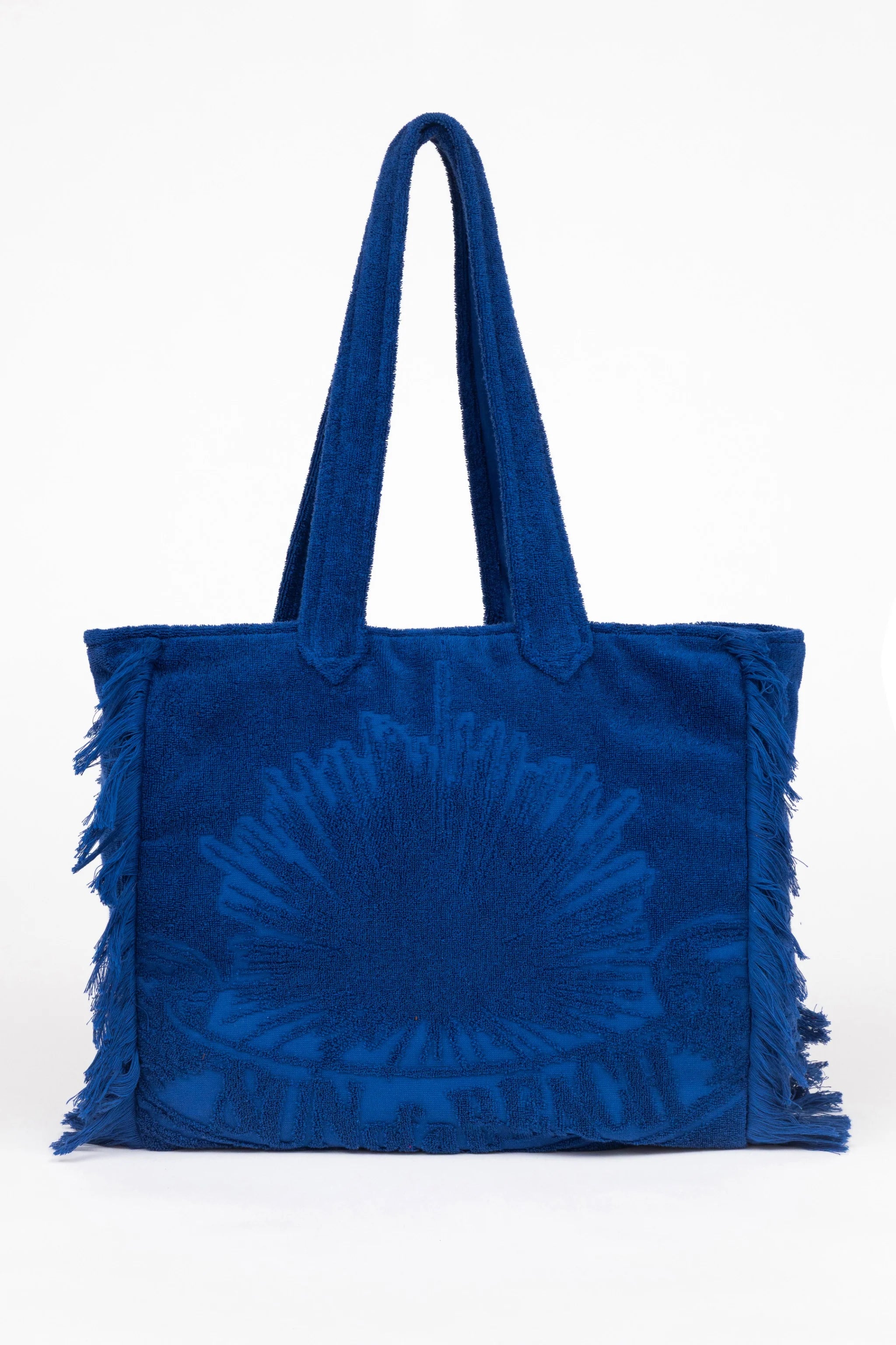 Blue tie-dye tote bag with frayed edges on a white background