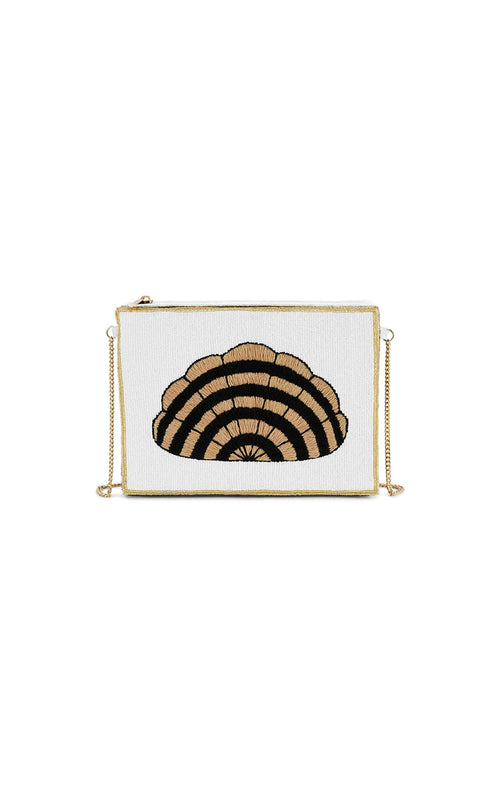 Clutch bag with a black and gold design on a white background