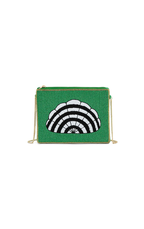 Green clutch bag with black and white design on a white background