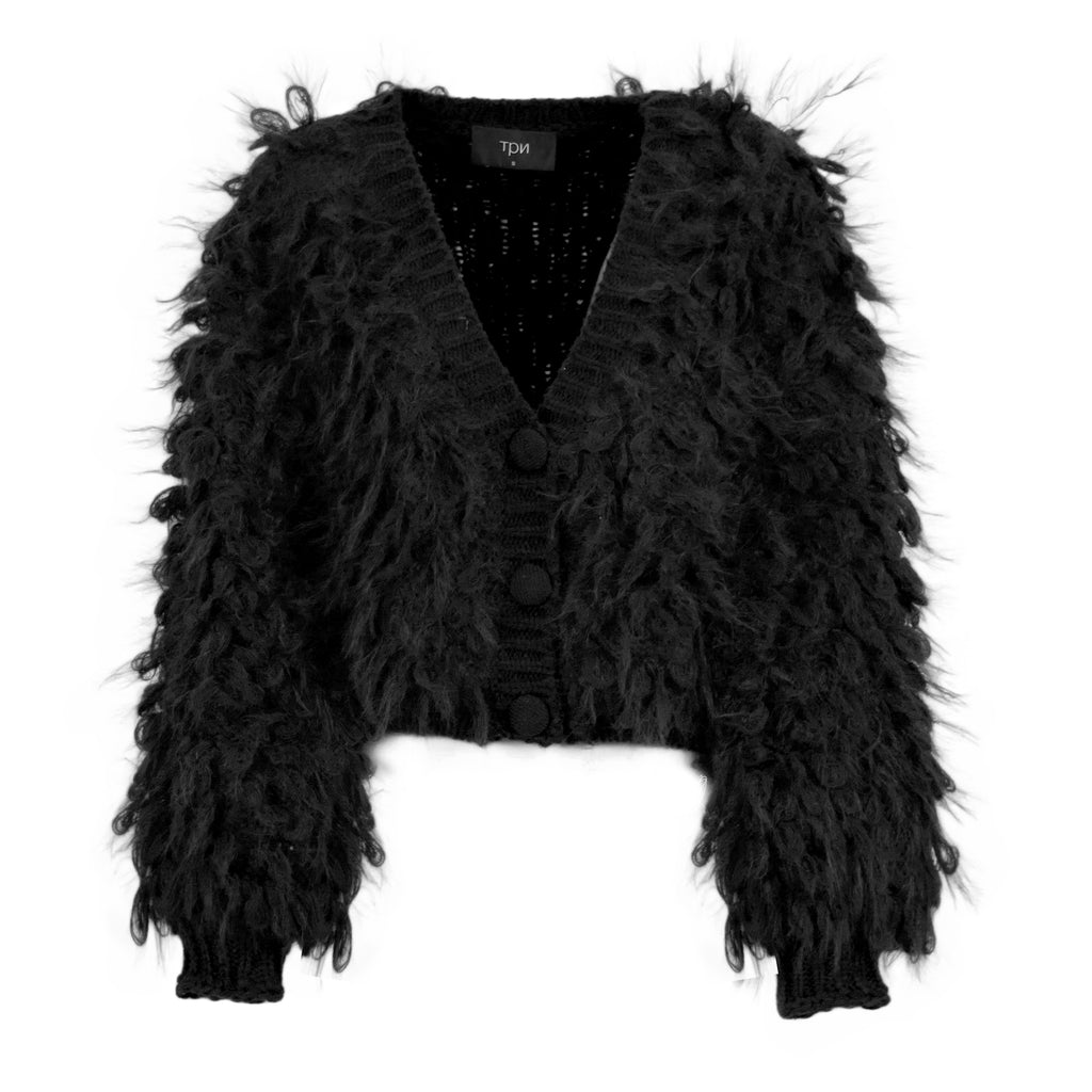 A black textured fuzzy cardigan sweater with a V-neck, three-quarter sleeves, and a button-front closure, shown against a plain white background.